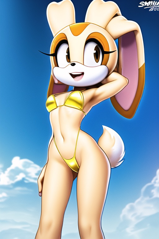 1girls, ai generated, anthro, beach, bikini, bikini bottom, bikini top, blue sky, breasts, bunny girl, cameltoe, cream the rabbit, female, female only, flat chest, fur, furry, golden bikini, hands behind head, lagomorph, leporid, mammal, micro bikini, novelai, outdoors, outside, partially clothed, pussy, rabbit, rabbit ears, scut tail, shiny clothes, small breasts, sonic (series), sonic the hedgehog (series), string bikini, tail