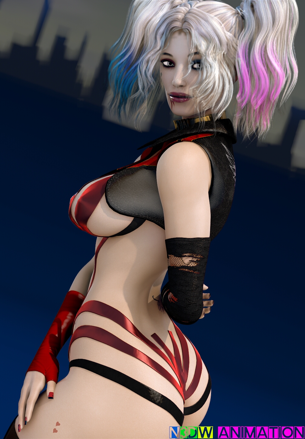 1girls 3d 3d_(artwork) ass batman_(series) big_ass big_breasts blonde_hair blue_eyes collar dc dc_comics dc_extended_universe dceu digital_media_(artwork) eyebrows eyelashes eyes female female_only harley_quinn harley_quinn_(dceu) hips light-skinned_female light_skin lips looking_back multicolored_hair n3dwanimantion nick_king painted_nails pigtails side_view solo suicide_squad suicide_squad_(2016) tattoos villain villainess voluptuous