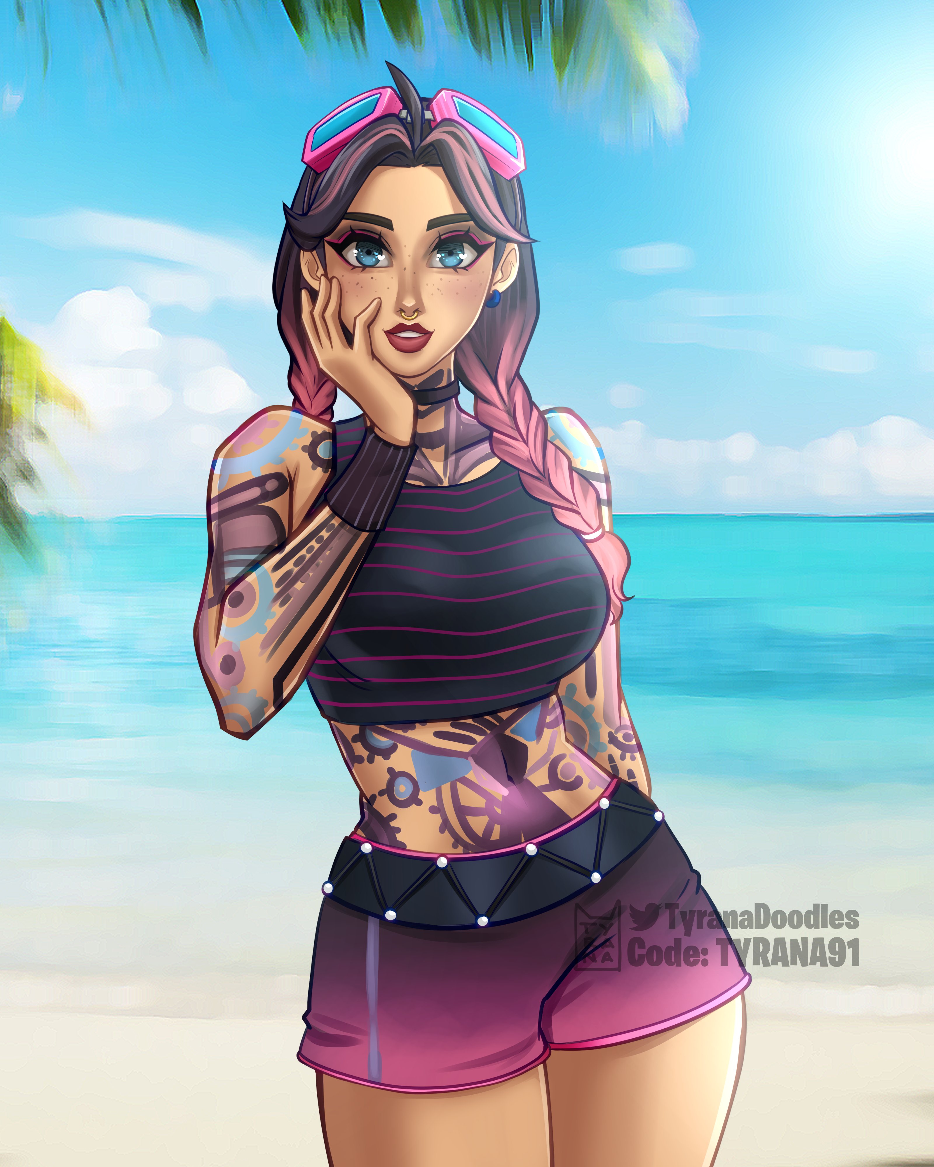 2d, beach, beach jules, black hair, blue eyes, blush, body markings, braided hair, braided twintails, choker, clothed, digital media (artwork), earrings, eyewear on head, female, fortnite, fortnite: battle royale, goggles, goggles on head, hand on face, jules (fortnite), lipstick, looking at viewer, makeup, red lipstick, safe, sfw, shorts, smile, smiling, tank top, tattoo, tattoos, tattoos everywhere, two-tone hair, tyrana