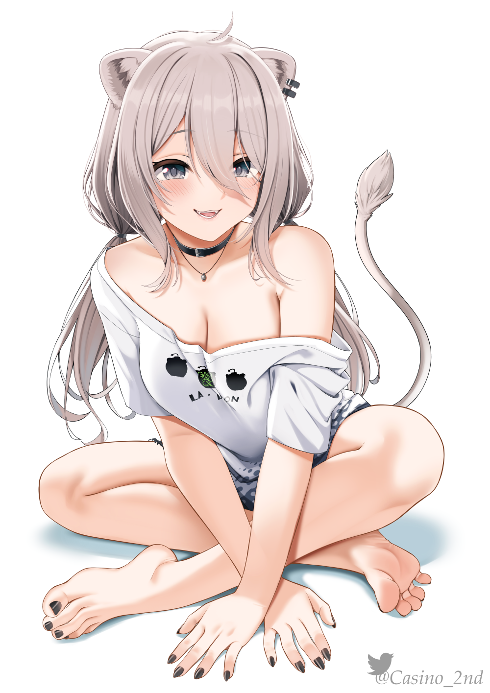 1girls, animal ears, arms crossed, artist name, baggy clothing, bare shoulders, barefoot, black nail polish, black nails, black toenails, blush, blush lines, blushing, blushing at viewer, breasts, casino (casinoep), choker, cleavage, clothed, clothing, crossed legs, digital drawing (artwork), ear piercing, feet, female, female focus, female only, foot fetish, front view, greek toe, happy, hololive, hololive gen 5, hololive japan, large breasts, lion ears, long hair, looking at viewer, loose clothes, mouth open, necklace, no background, no bra, oversized shirt, pixiv, shirt, shishiro botan, silver eyes, silver hair, sitting, tail, toenail polish, toes, twitter username, virtual youtuber
