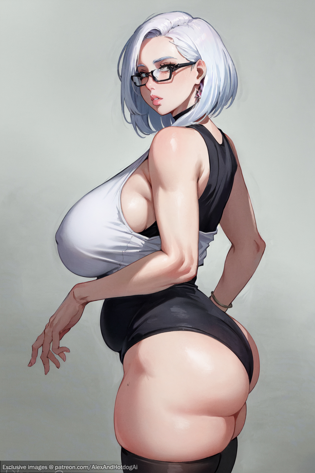 ai generated, alexandhotdogai, ass, breasts, cyberpunk 2077, cyberpunk: edgerunners, eyeshadow, female, glasses, huge ass, huge breasts, leotard, lipstick, looking back at viewer, lucyna kushinada, megane, nipples visible through clothing, short hair, sideboob, stable diffusion, swimsuit, swimwear, thigh squish, thighhighs, visible nipples, white hair