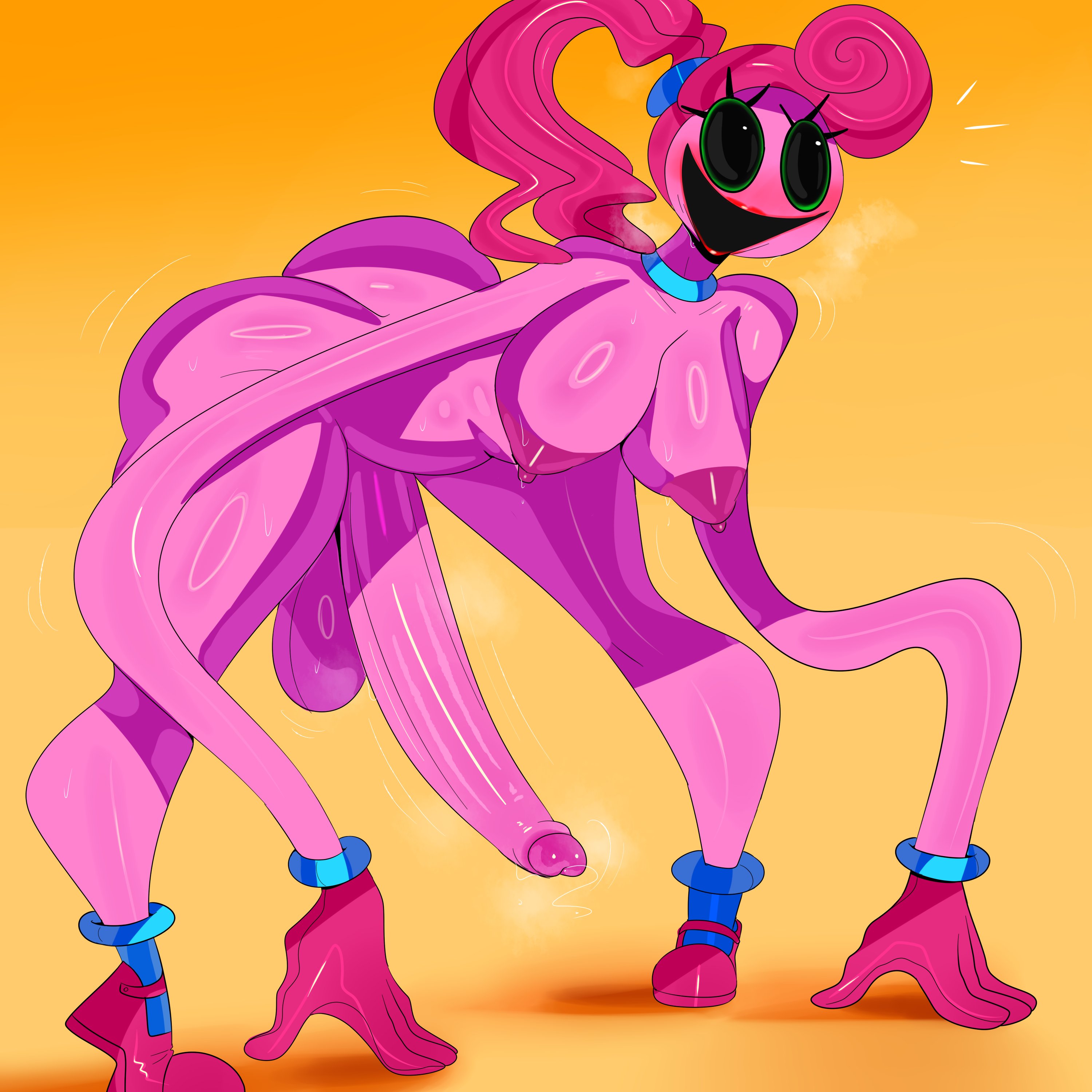 1futa, balls, big balls, big breasts, big dick, big penis, breasts, dickgirl, futa only, futanari, hair, imminent sex, intersex, mommy long legs, penis, pink hair, pink skin, poppy playtime, simple background, solo, sweat, tayuri