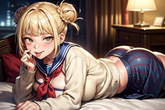 :p, ai generated, ass, bangs, bed, bed sheet, bedroom, blonde hair, blue sailor collar, blue skirt, blunt bangs, blurry, blurry background, blush, boku no hero academia, breasts, cardigan, cleavage, curtains, double bun, female, hair bun, hand on own face, himiko toga, indoors, lamp, large breasts, long sleeves, looking at viewer, lying, messy hair, my hero academia, neckerchief, night, on bed, on stomach, pillow, pleated skirt, red neckerchief, sailor collar, school uniform, serafuku, short hair, sidelocks, skirt, smile, solo, stable diffusion, sweat, toga himiko, tongue, tongue out, window, yellow eyes