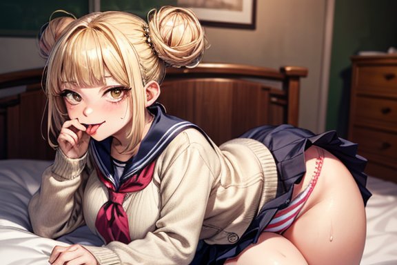 :p, ai generated, bangs, bed, bed sheet, blonde hair, blue sailor collar, blue skirt, blunt bangs, blurry, blush, boku no hero academia, breasts, brown eyes, cardigan, double bun, female, hair bun, himiko toga, indoors, long sleeves, looking at viewer, messy hair, my hero academia, neckerchief, on bed, panties, pleated skirt, red neckerchief, sailor collar, school uniform, serafuku, short hair, sidelocks, skirt, smile, solo, stable diffusion, striped, striped panties, sweat, thighs, toga himiko, tongue, tongue out, underwear, yellow cardigan, yellow eyes