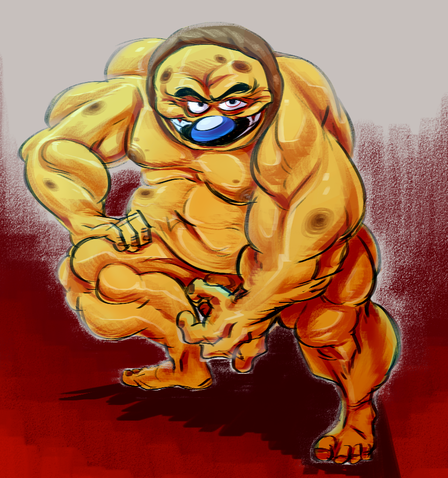 1boy belly big_belly facial_hair feet flexing food_humanoid grin humanoid loodles looking_at_viewer male male_only mature mature_male moobs moustache musclegut muscles muscular_arms naughty_face nipples penis pizza_tower pizzabro thick_legs thick_thighs yellow_body