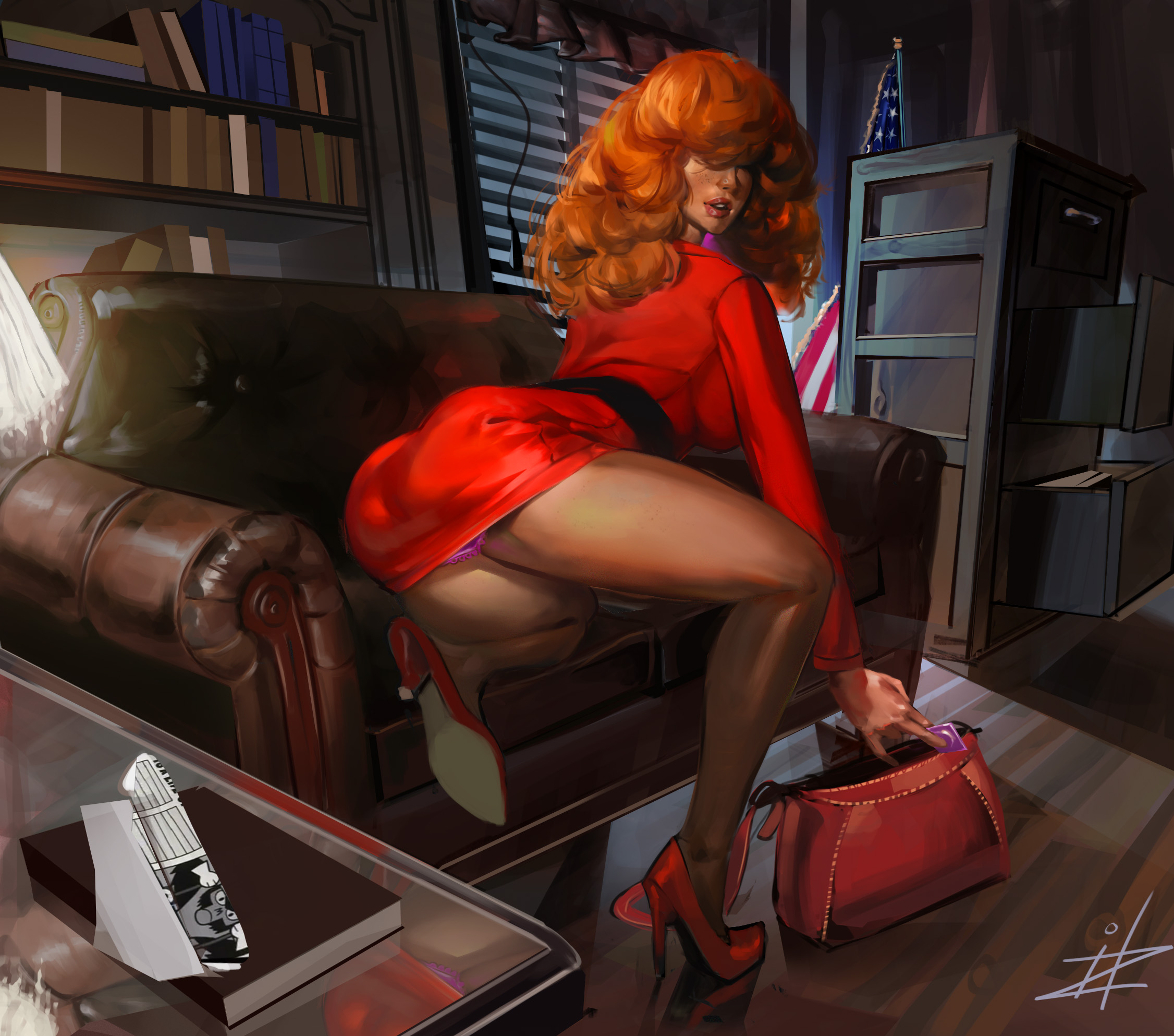 1girls, 2023, arched back, ass, back, back view, bag, big breasts, breasts, busty, cartoon network, clothed, clothed female, clothes, clothing, condom, couch, curly hair, detailed background, dress, feet, female, footwear, freckles, freckles on face, from behind, full body, fully clothed, hair, hair over eyes, hi res, high heels, holding condom, human, kneeling, large breasts, legs apart, light skin, light-skinned female, long hair, looking back, office, office lady, open mouth, orange hair, panties, pantyshot, pose, posing, powerpuff girls, purse, rear view, red dress, red shoes, redhead, sara bellum, self upload, shoes, short dress, signature, solo, thighs, underwear, zielv