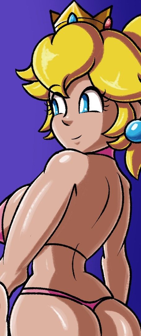 1girls ass big_ass big_breasts bikini blonde_hair blue_background blue_eyes breasts busty crown fat_ass female female_only large_breasts mario_(series) nintendo pink_bikini ponytail princess_peach robveemo sensual sideboob simple_background smile smiling solo standing swimsuit thong_bikini tied_hair