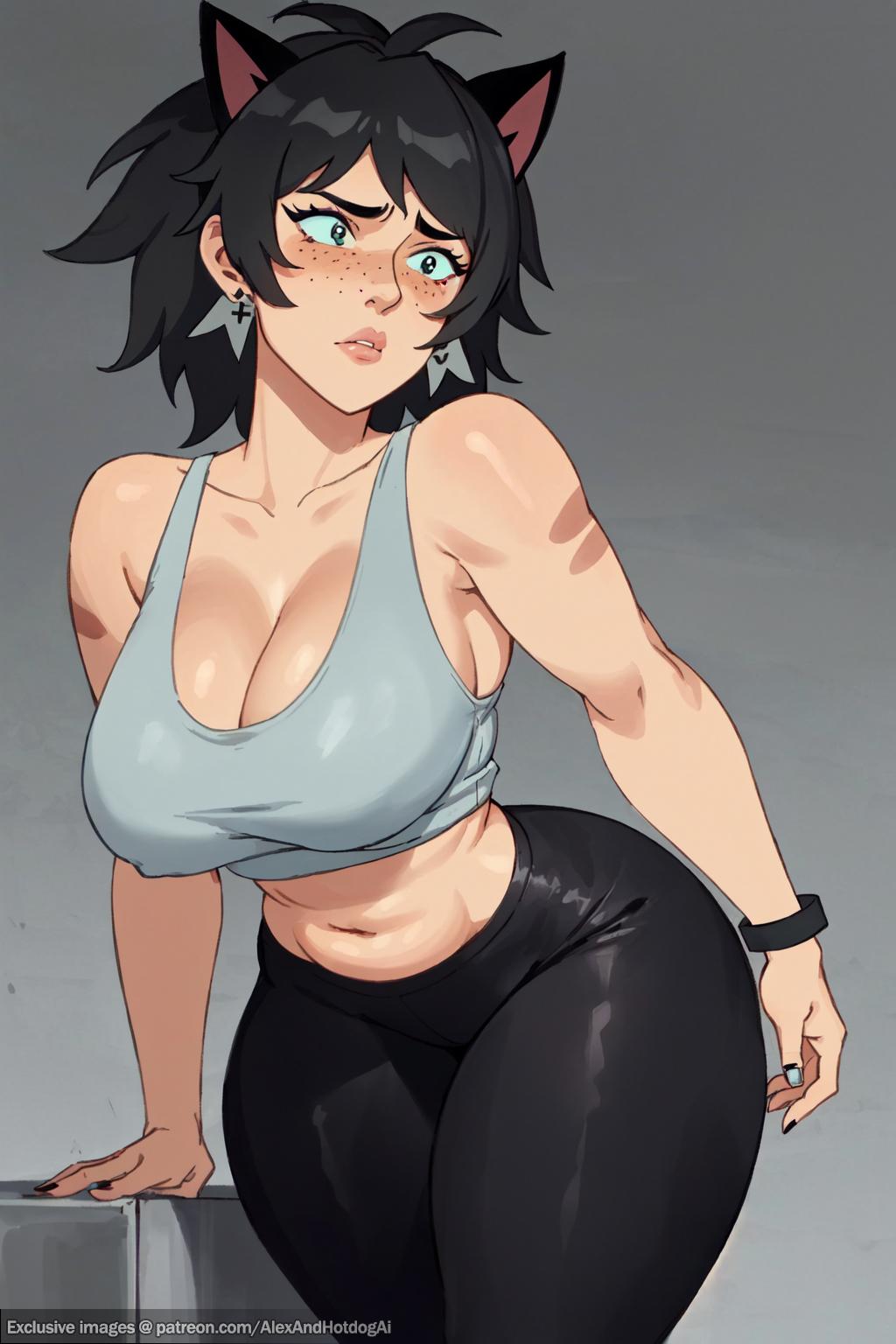 ai generated, alexandhotdogai, anthro, bracelet, breasts, cat ears, catra, chubby, female, freckles, green eyes, gym uniform, huge breasts, milf, she-ra and the princesses of power, sports bra, stable diffusion, stripes, wide hips