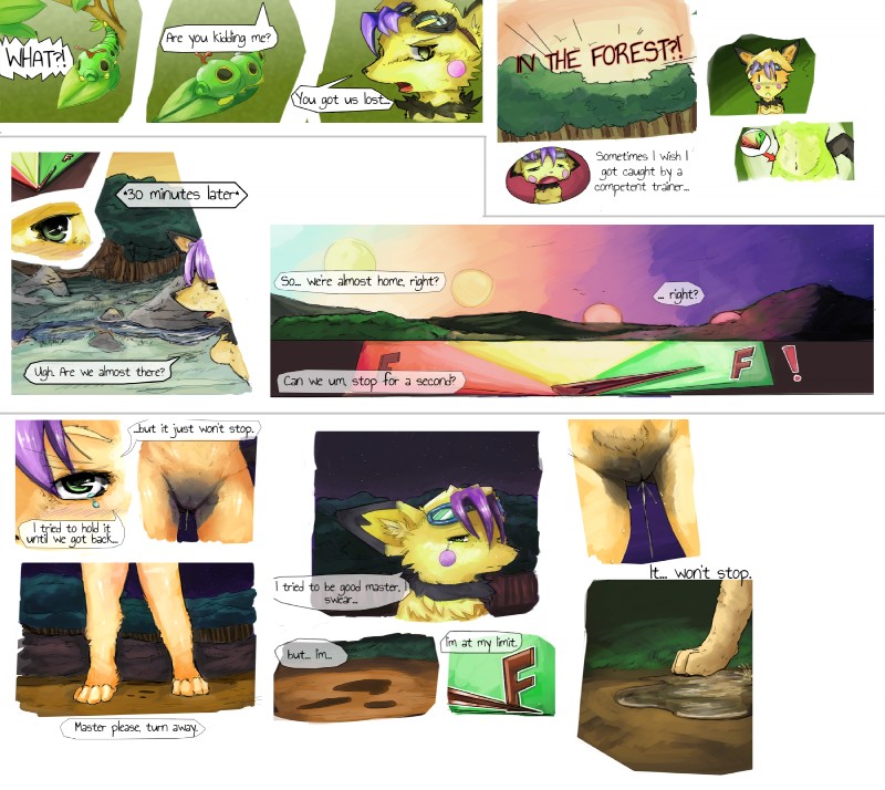 anthro caterpie caterpillar comic dialogue embarrassed embarrassed_nude_female feet furry larva navel nude nude_female peeing peeing_self pichu pokémon_(species) pokemon puddle pussy rodent tears zangoose_(artist)