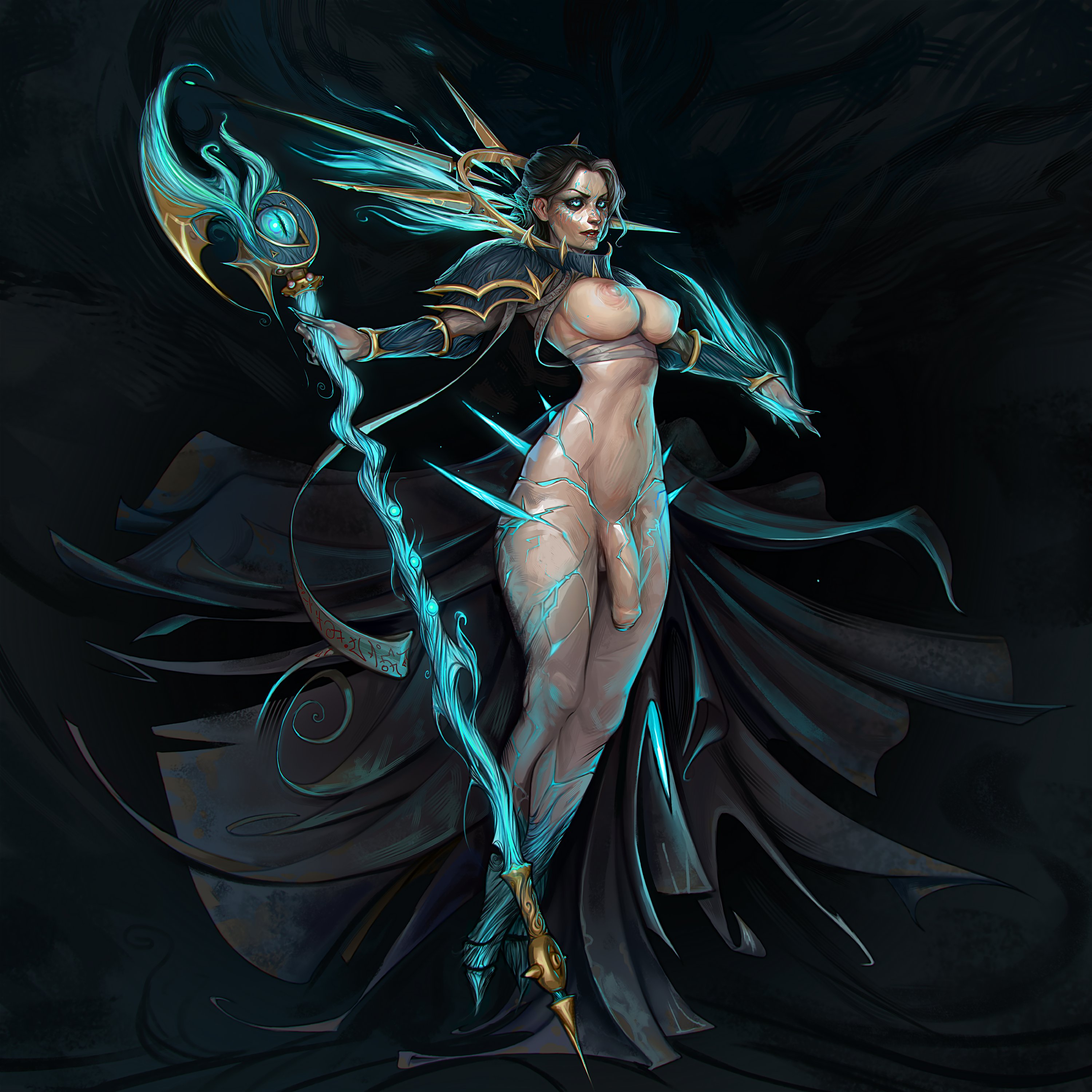 1futa, areolae, athletic, big penis, black hair, blue eyes, breasts, casting spell, chaos (warhammer), chaos cultist, flaccid, flaccid penis, foreskin, functionally nude, futa only, futanari, human, intersex, knightofcydonia, light skin, light-skinned futa, magic, navel, nipples, nude, partially clothed, partially retracted foreskin, penis, retracted foreskin, scar, solo, staff, trans woman, transfem, two-tone hair, tzeentch, uncircumcised, uncut, warhammer (franchise), warhammer 40k, white hair