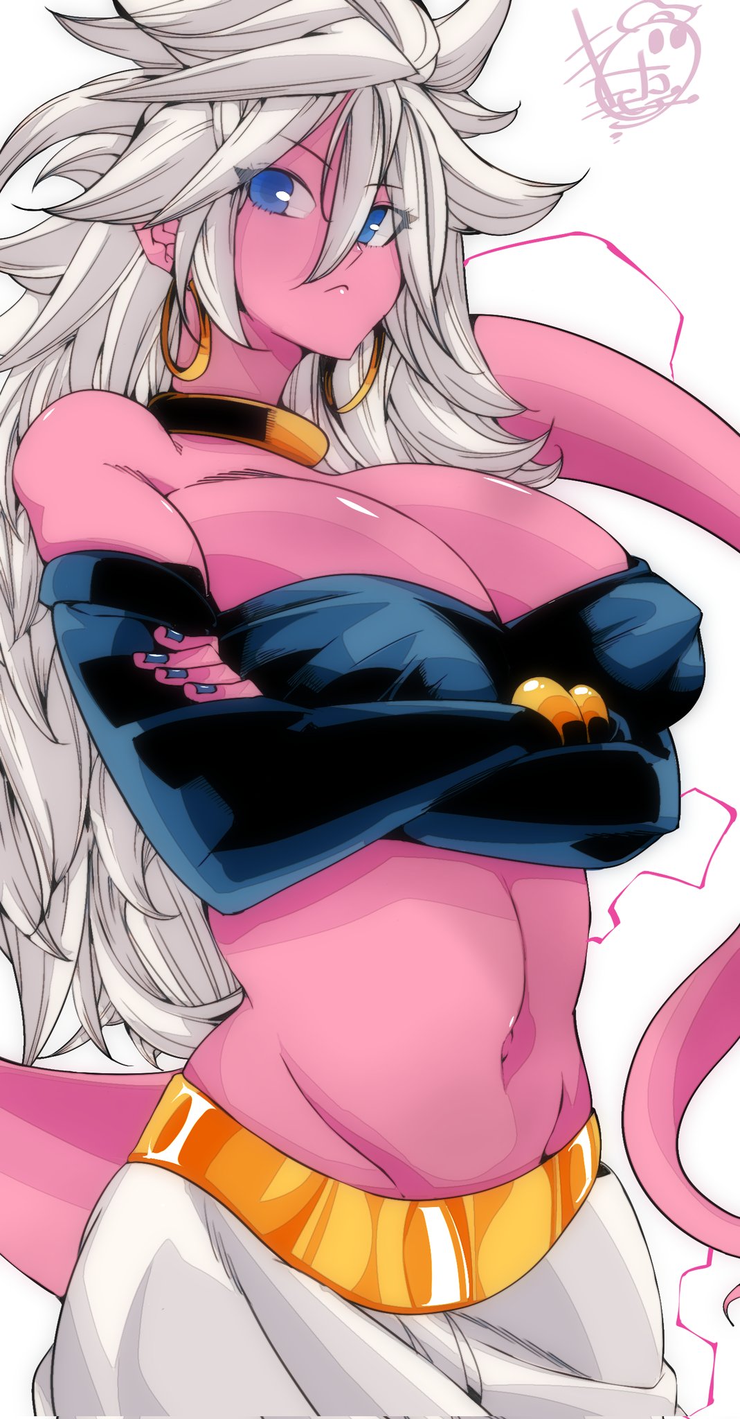 android_21 arc_system_works bandai_namco belly_button big_breasts black_clothing blue_eyes blue_nails bracelets dragon_ball dragon_ball_fighterz earrings elbow_gloves female gold_jewelry long_hair majin majin_android_21 omochi_db pink_body pink_skin tail voluptuous_female white_hair