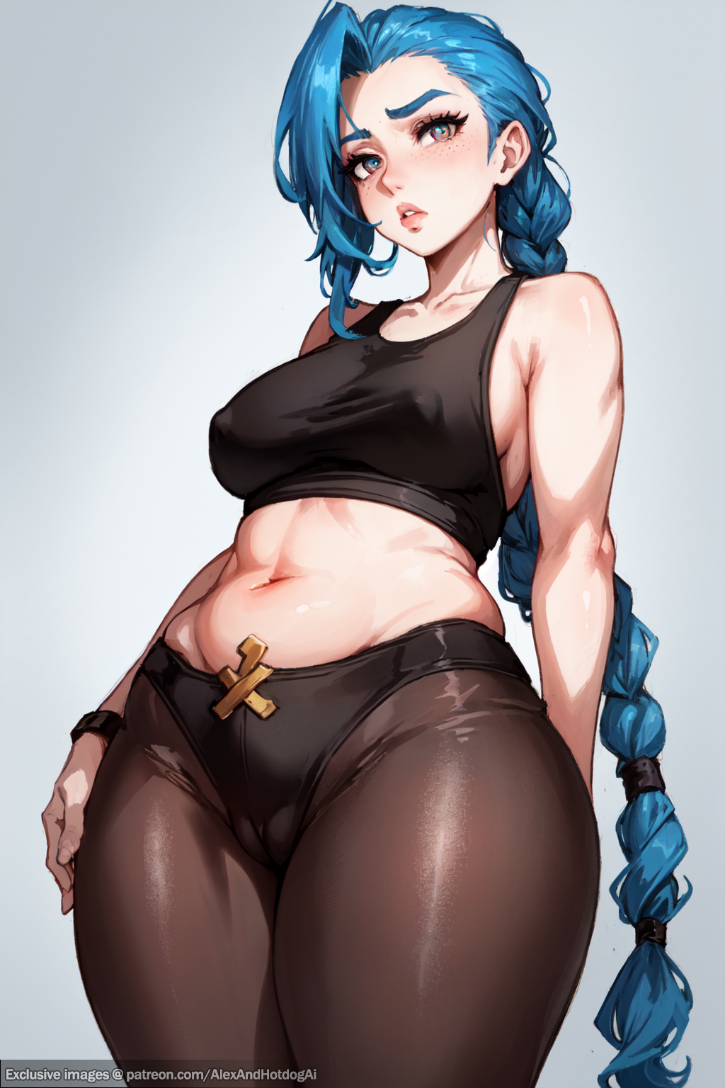 ahoge, ai generated, alexandhotdogai, big breasts, blue eyes, braid, breasts, chubby, female, gym uniform, jinx (league of legends), league of legends, leaning back, long braid, sports bra, stable diffusion, thrusting, tights, visible nipples, wide hips