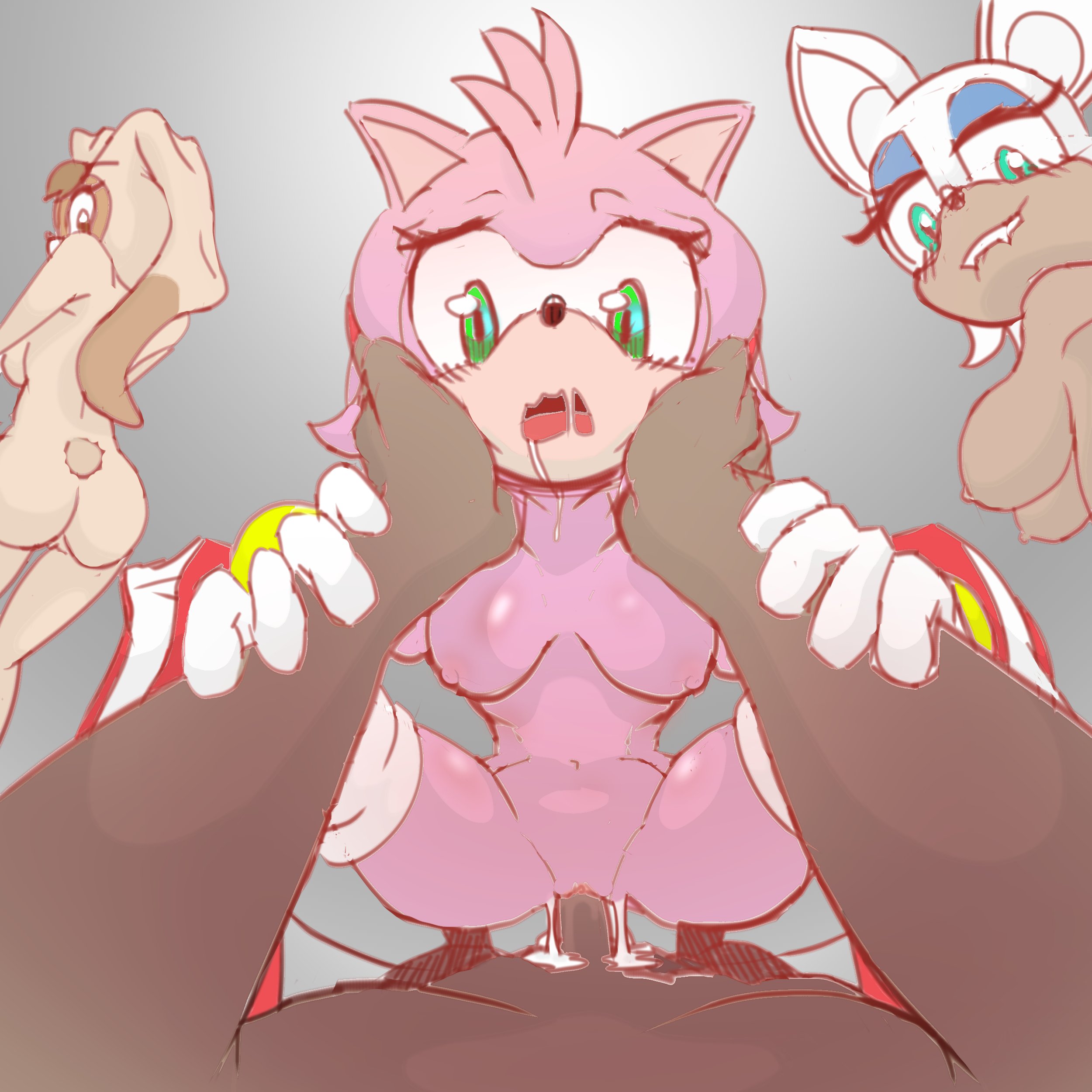 3girls, amy rose, ass, biting, boots, bracelet, breasts, drooling, exposed torso, eyeshadow, faceless male, female, footwear, furry only, gloves, hands on face, handwear, holding face, human, male, niruzatheartist, nude, penis, pussy, rouge the bat, sonic (series), vaginal, vanilla the rabbit