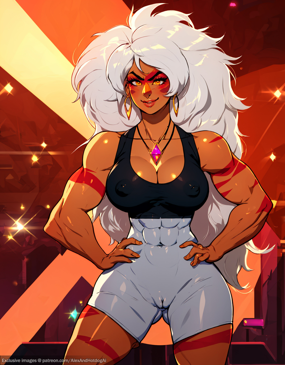 abs, ai generated, alexandhotdogai, ass visible through thighs, breasts, club, female, hands on hips, huge breasts, jasper (steven universe), jewelry, leotard, long hair, muscular, muscular female, necklace, orange skin, stable diffusion, steven universe, visible nipples, white hair, yellow eyes