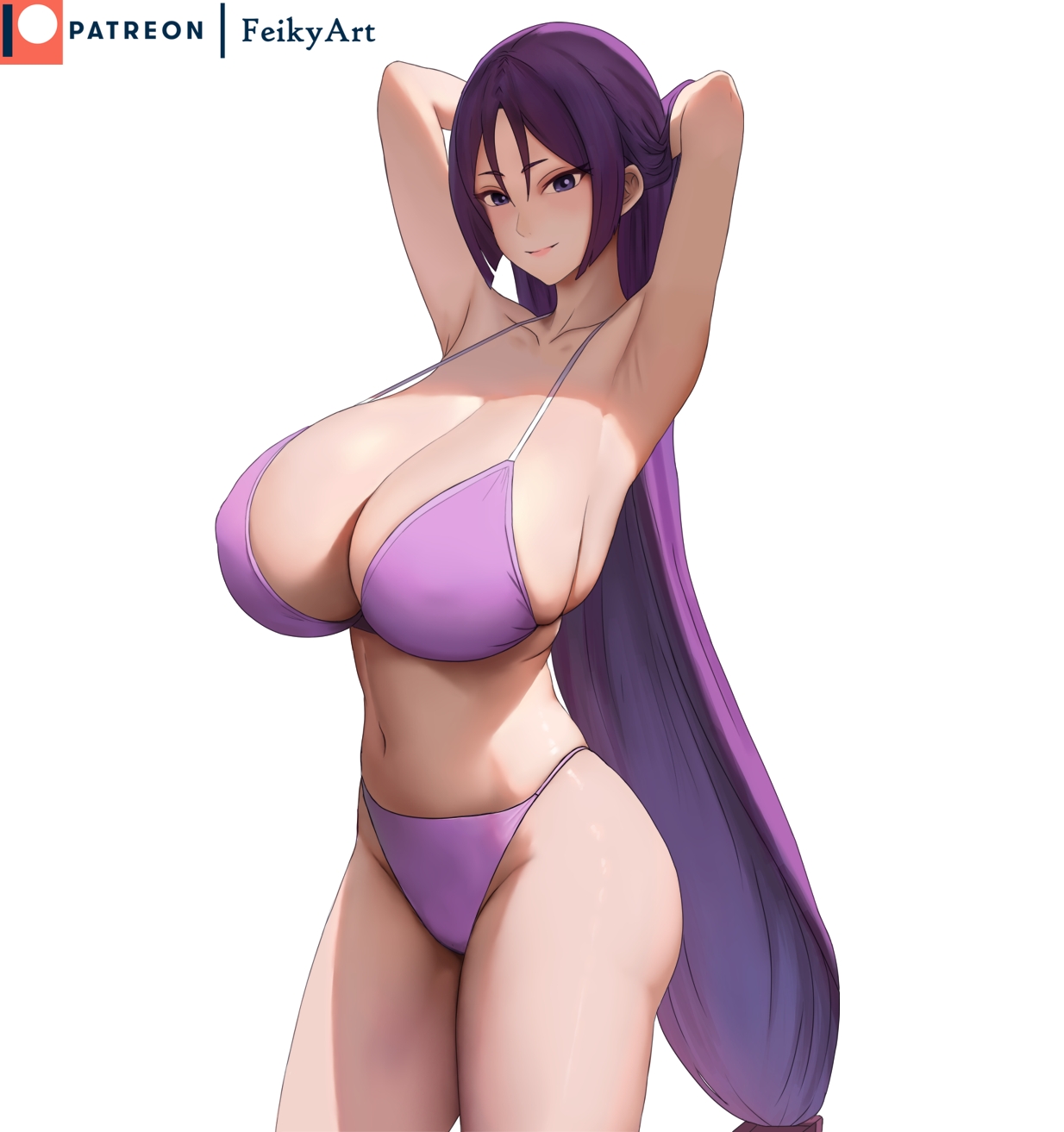 1girls, armpits, arms up, bikini, breasts, cleavage, fate (series), fate/grand order, feikyart, female, huge breasts, light skin, light-skinned female, long hair, mature female, milf, minamoto no raikou (fate/grand order), purple eyes, purple hair, thick thighs