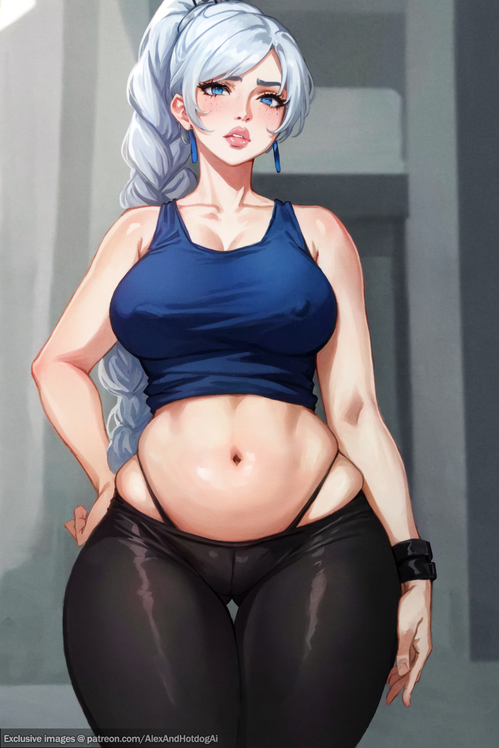 ai_generated alexandhotdogai bimbofication blue_clothing blue_eyes earrings hands_on_hips jewelry long_hair milf milfification mommy nipples_visible_through_clothing pale-skinned_female pale_skin rwby stable_diffusion thong thong_straps tight_clothing tight_pants tilted_head visible_nipples weiss_schnee white_hair wide_hips yoga_pants