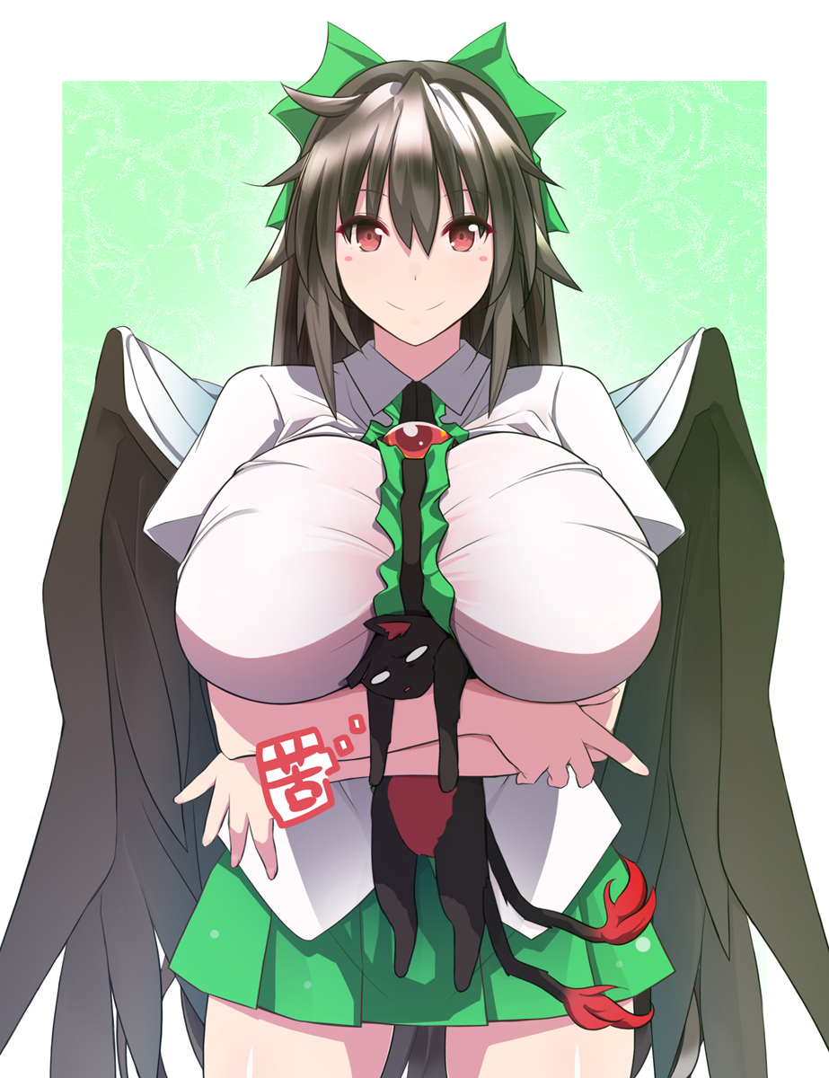 animal arms_under_breasts bird_wings black_hair black_wings blank_eyes blush bow breast_rest breasts cape center_frills closed_mouth collared_shirt commentary_request cowboy_shot feline female frills green_background green_bow green_skirt hair_between_eyes hairbow highres holding holding_animal holding_cat huge_breasts impossible_clothes impossible_shirt kaenbyou_rin kaenbyou_rin_(cat) long_hair looking_at_viewer miniskirt otoufu_(wddkq314band) pleated_skirt puffy_short_sleeves puffy_sleeves red_eyes reiuji_utsuho rin_kaenbyou rin_kaenbyou_(cat) shirt short_sleeves skirt smile third_eye touhou utsuho_reiuji white_background white_cape white_shirt wings