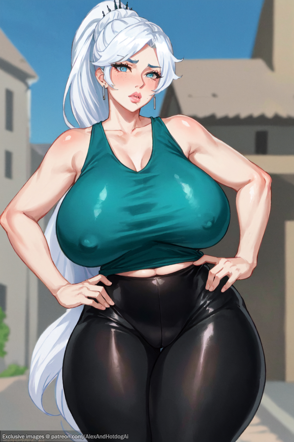 ai_generated alexandhotdogai blue_eyes braid cameltoe frowning green_clothing high_waisted_pants huge_breasts looking_at_viewer milf milfification mommy nipples_visible_through_clothing rwby stable_diffusion thick_thighs tight_clothing visible_nipples weiss_schnee white_hair yoga_pants