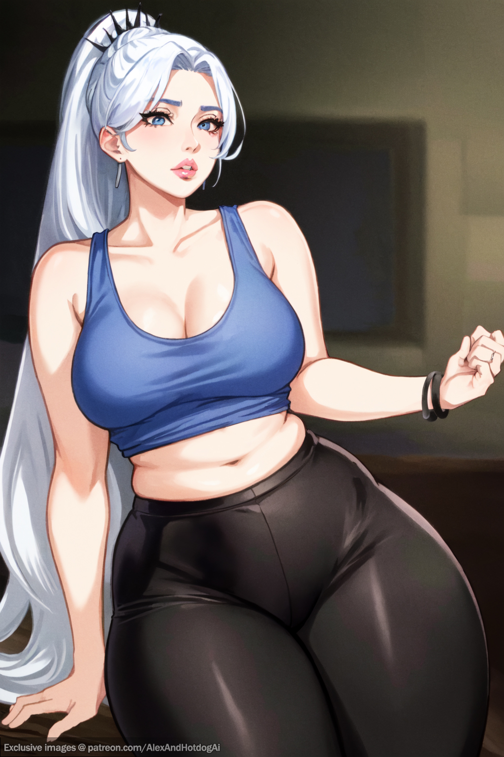 ai_generated alexandhotdogai belly_rolls blue_eyes chubby chubby_female giant_breasts gym_uniform high_waisted_pants huge_breasts looking_at_viewer pale-skinned_female pale_skin rwby smiling sports_bra stable_diffusion tight_clothing tight_pants weiss_schnee yoga_pants