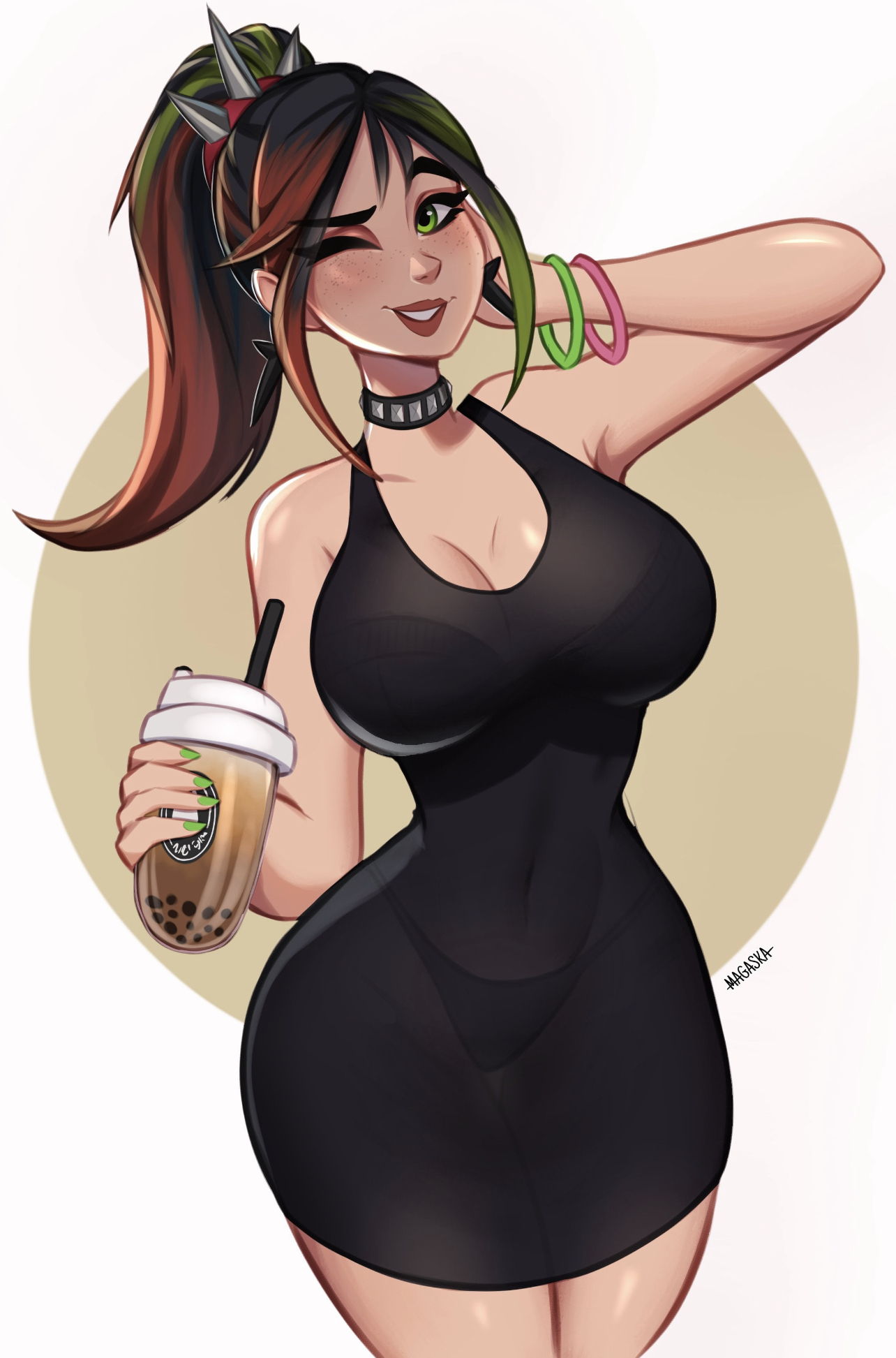 1girls, 2d, alternate body type, alternate breast size, big breasts, big thighs, bikini, boba tea, breasts, choker, female, fortnite, fortnite: battle royale, green eyes, helsie (fortnite), large breasts, light skin, light-skinned female, magaska19, multicolored hair, red lipstick, see-through clothing, solo, straight hair, wide hips