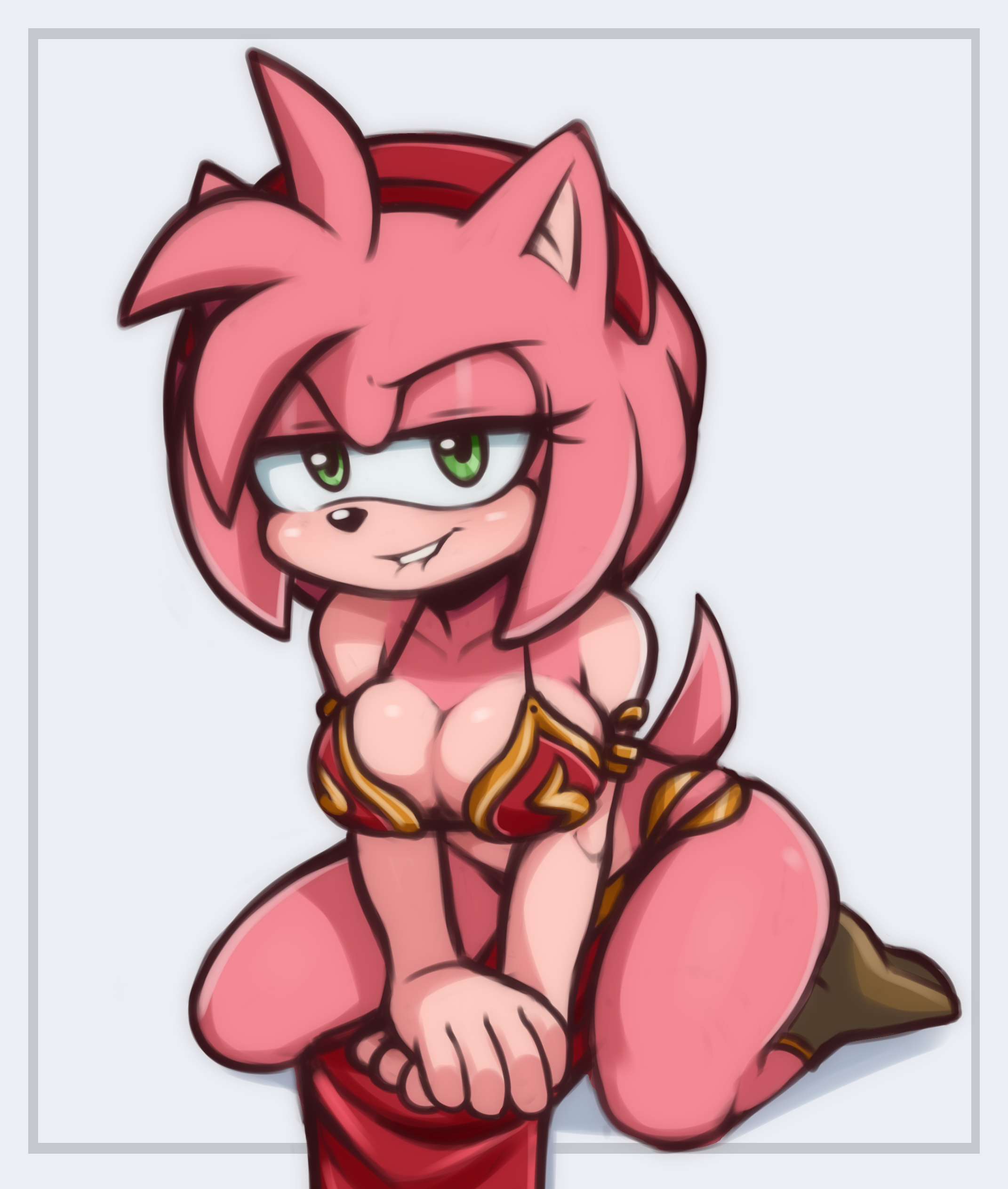 1girls, 2022, amy rose, bedroom eyes, biting lip, brachyzoid, breasts, cleavage, female, green eyes, pink hair, slave leia (cosplay), slave outfit, solo, sonic (series)