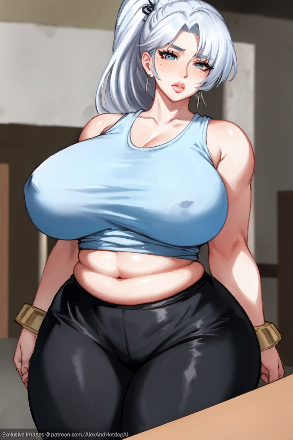 ai_generated alexandhotdogai belly_rolls blue_eyes bracelet earrings frowning gym_uniform huge_breasts long_hair milf milfification nipples_visible_through_clothing pale-skinned_female pale_skin rwby sports_bra stable_diffusion thick_thighs tight_clothing tight_pants visible_nipples weiss_schnee white_hair wide_hips yoga_pants