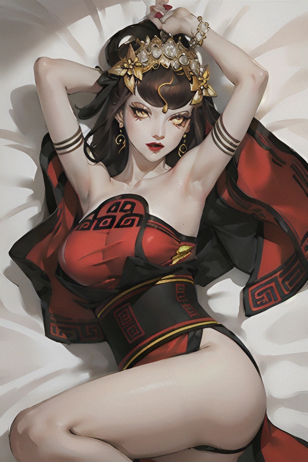 1girls ai_generated bed megami_tensei nuwa_(megami_tensei) red_dress shin_megami_tensei