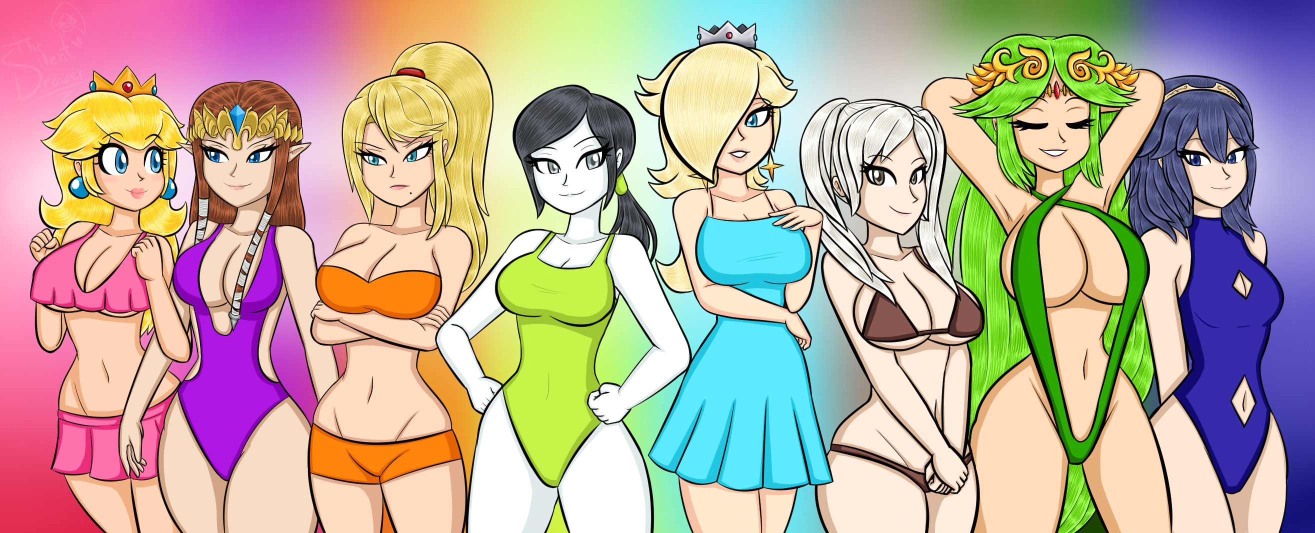 6+girls, 8girls, bikini, black hair, blonde hair, blue hair, breasts, brown hair, cleavage, cleavage cutout, company connection, crossover, crown, dress, earrings, female, female only, fire emblem, fire emblem awakening, green hair, grey hair, hair over one eye, kid icarus, long hair, lucina (fire emblem), mario (series), metroid, multiple females, multiple girls, navel, navel cutout, nintendo, one-piece swimsuit, palutena, ponytail, princess peach, princess rosalina, princess zelda, robin (fire emblem), robin (fire emblem) (female), samus aran, slingshot swimsuit, smile, standing, super mario galaxy, super smash bros., swimsuit, tagme, the legend of zelda, thesilentdrawer, twilight princess, very long hair, wii fit, wii fit trainer, wii fit trainer (female), zelda (twilight princess)