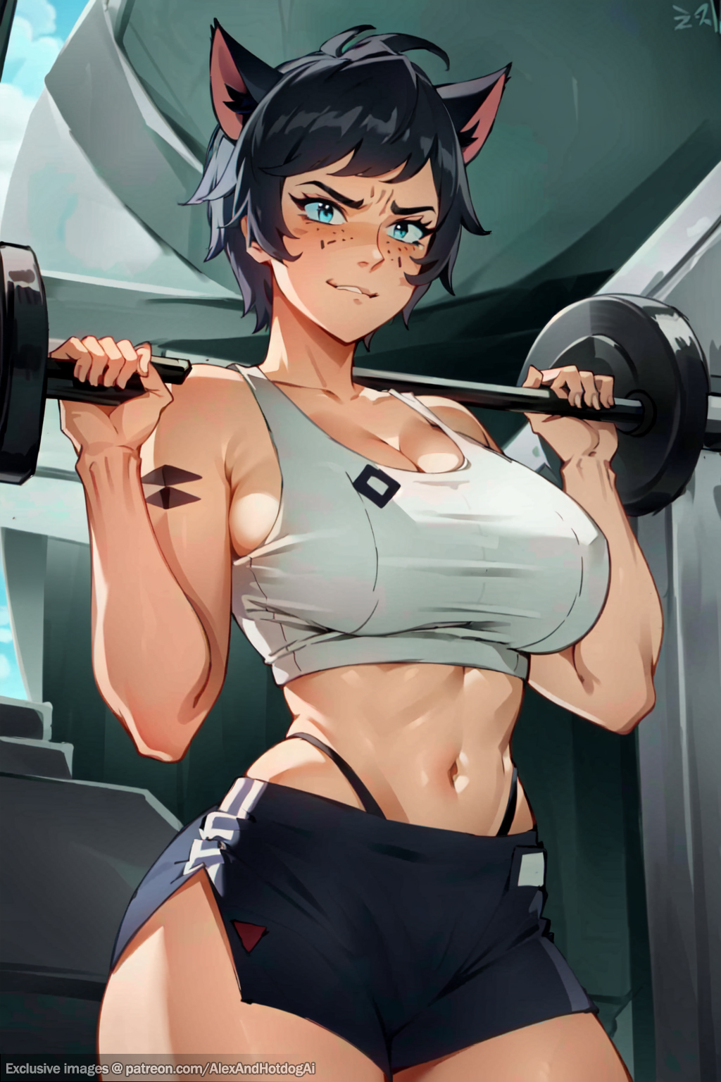 abs, ai generated, alexandhotdogai, anthro, bare arms, bare shoulders, below view, blush, body fur, body markings, breasts, brown, cat ears, catra, crop top, female, from below, furry, gym, gym clothes, gym clothing, gym shorts, gym uniform, hair, lifting, looking at viewer, medium, muscles, muscular, muscular arms, muscular female, orange body, orange fur, orange skin, she-ra and the princesses of power, short hair, short shorts, sideboob, stable diffusion, tank top, thong, thong straps, upper body, weightlifting, weights