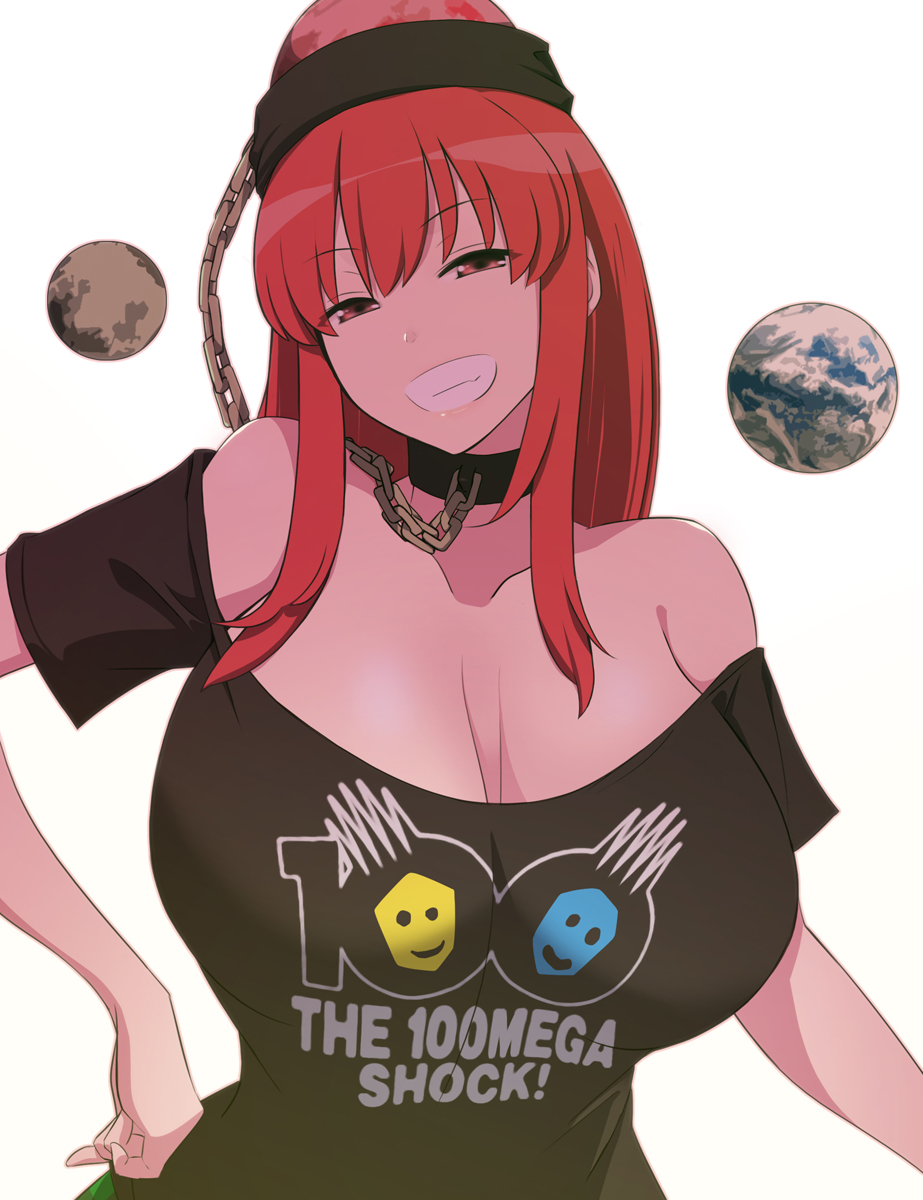 breasts chains cleavage clothes_writing collar female grin half-closed_eyes hecatia_lapislazuli highres huge_breasts long_hair looking_at_viewer off-shoulder_shirt off_shoulder otoufu_(wddkq314band) polos_crown red_eyes red_hair shirt simple_background smile solo touhou upper_body white_background