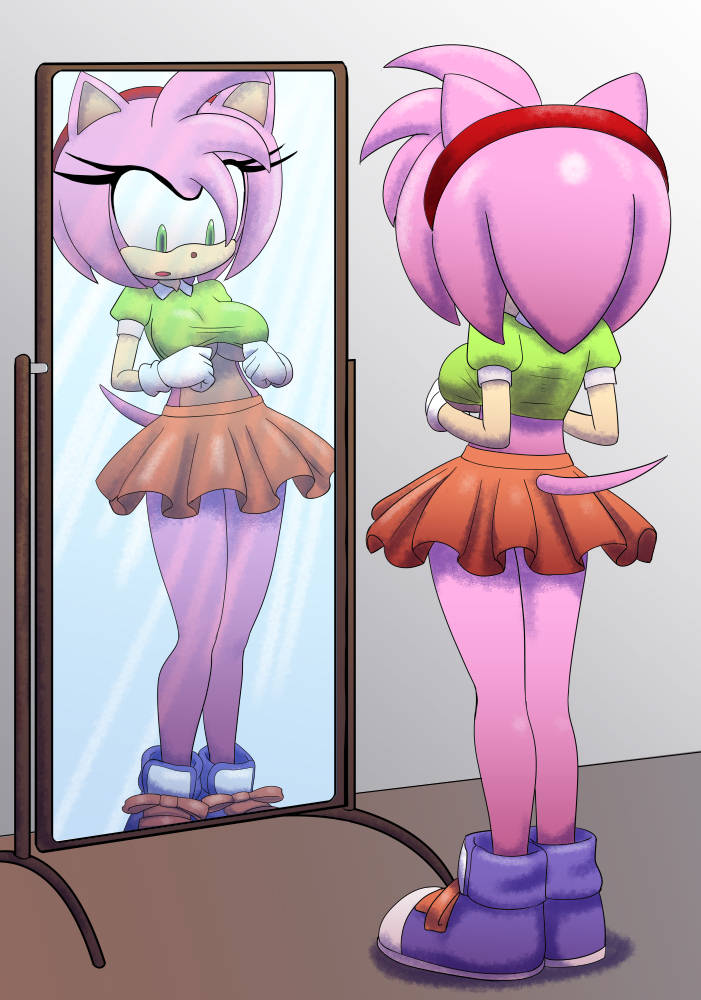 1girls alternate_costume amy_rose amy_rose_(classic) amy_rose_(classic)_(cosplay) anthro classic_amy_rose classic_amy_rose_(cosplay) cosplay female female_focus female_only green_eyes mirror pink_body pink_fur pink_hair sega sonic_(series) sonic_cd sonic_the_hedgehog_(series) tail underboob.