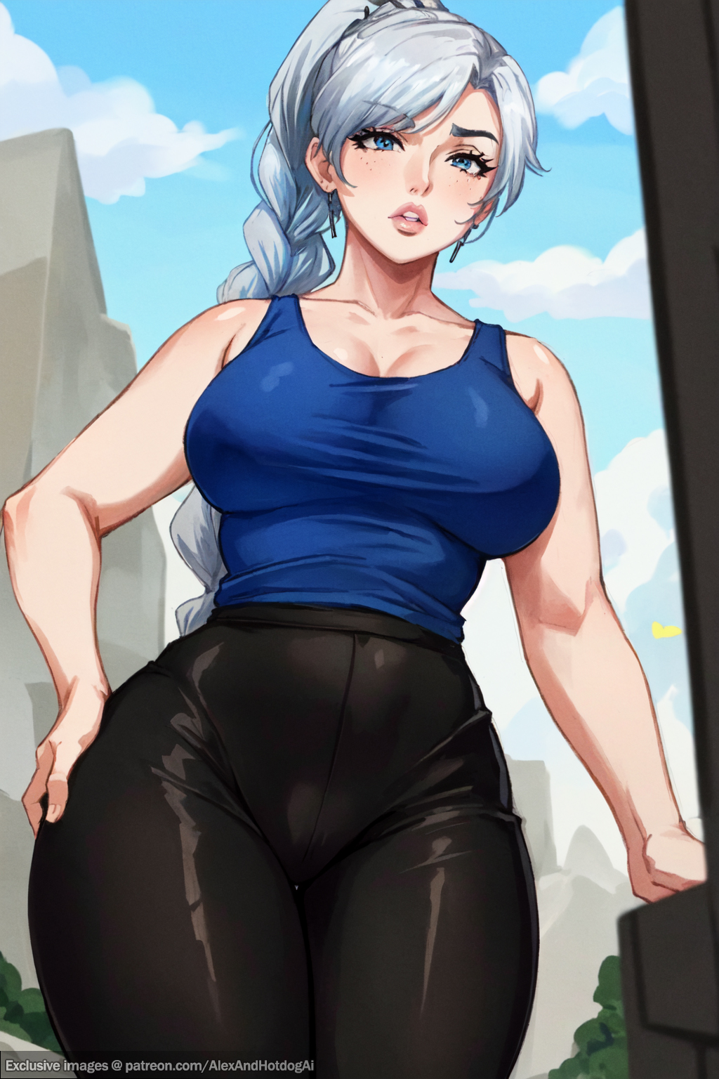 age progression, aged up, ai generated, alexandhotdogai, bare arms, bare shoulders, blush, breasts, cleavage, earrings, eyelashes, female, gigantic breasts, hair between eyes, hair over one eye, hands on hips, huge breasts, jewelry, leggings, lips, mascara, milf, milfification, mommy, mommy kink, narrowed eyes, outside, plump breasts, plump lips, plump thighs, pouty lips, puckered lips, rwby, skin tight, skindentation, stable diffusion, tank top, thick legs, thick thighs, thighs, tight clothing, tight fit, weiss schnee, white hair