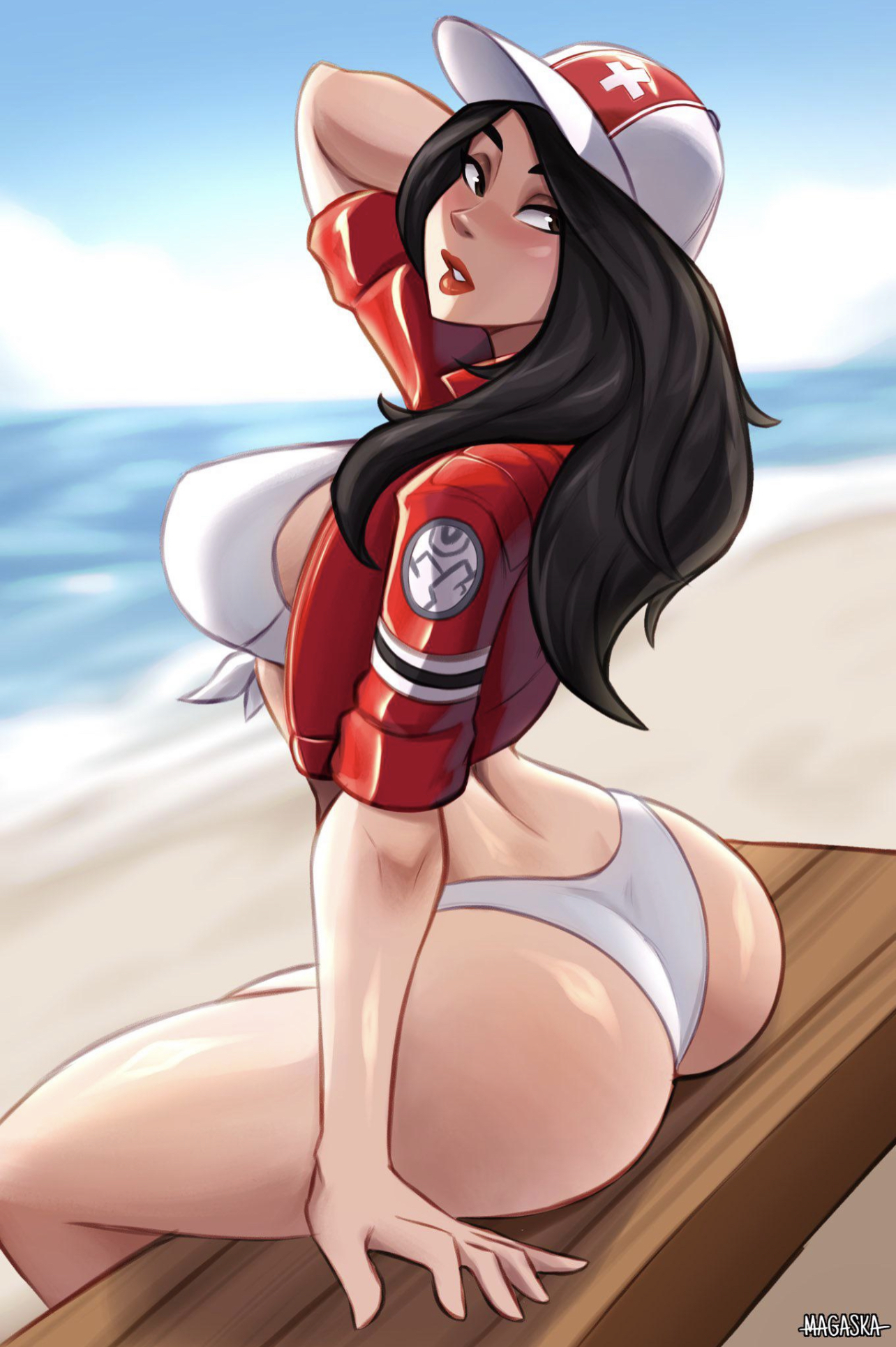 1girls, beach, big breasts, bikini, black eyes, black hair, breasts, curvy figure, female, female only, fortnite, fortnite: battle royale, human, lifeguard, looking back, magaska19, remedy (fortnite), solo
