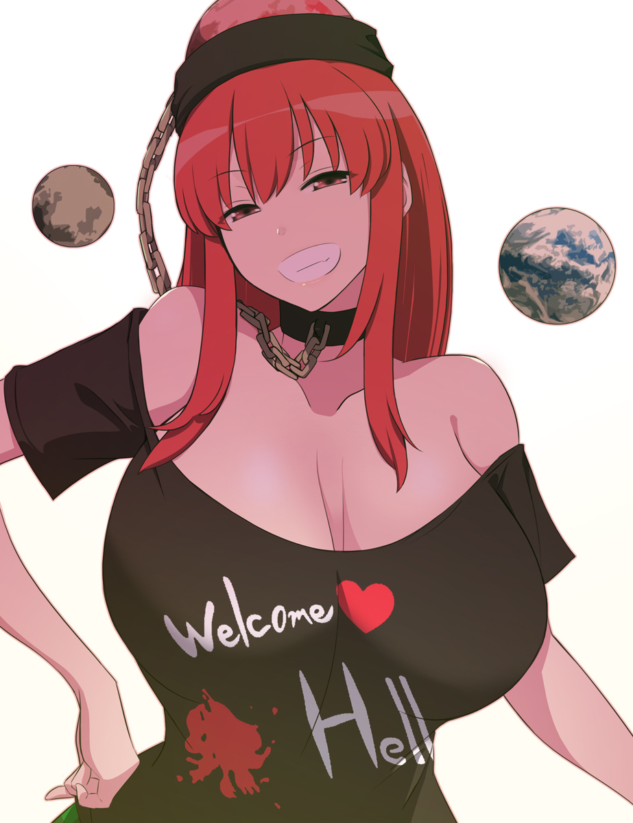 breasts chains cleavage clothes_writing collar female grin half-closed_eyes hecatia_lapislazuli highres huge_breasts long_hair looking_at_viewer off-shoulder_shirt off_shoulder otoufu_(wddkq314band) polos_crown red_eyes red_hair shirt simple_background smile solo touhou upper_body white_background