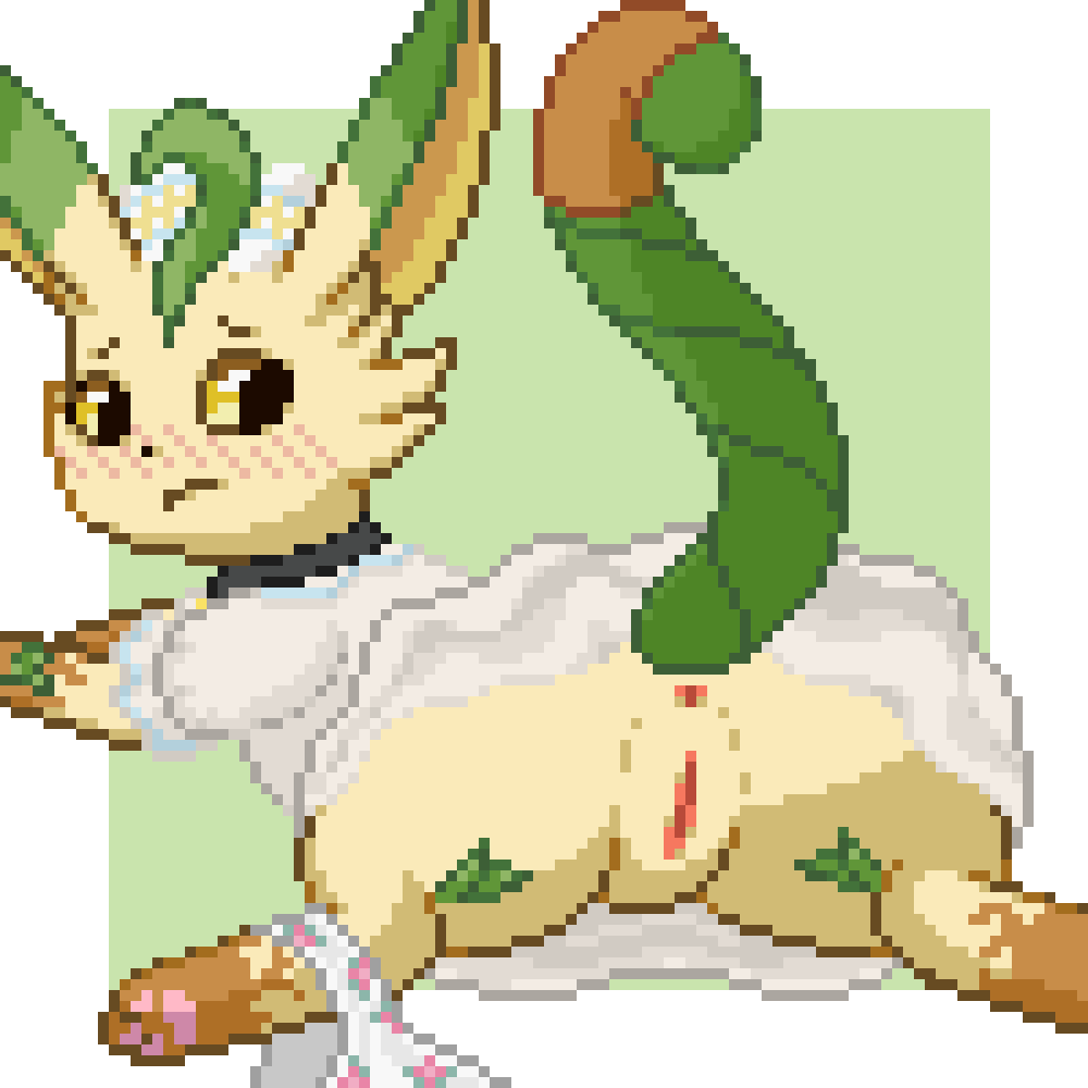 1:1 2023 anus ass blush border checkered_style_leafeon clothed clothed_feral clothing clothing_around_one_leg collar digital_media_(artwork) dress eeveelution fan_character female feral flower_panties fur generation_4_pokemon genitals headgear headwear leafeon leg_markings lying mammal markings nintendo on_front panties panties_around_one_leg panties_down partially_clothed pawpads paws pixel_(artwork) pokemon pokemon_(species) pokemon_unite pussy raised_tail simple_background socks_(marking) solo sploot tail tan_body tan_fur underwear underwear_around_one_leg underwear_down white_border white_clothing white_panties white_underwear worried yellow_sclera zabozamojo