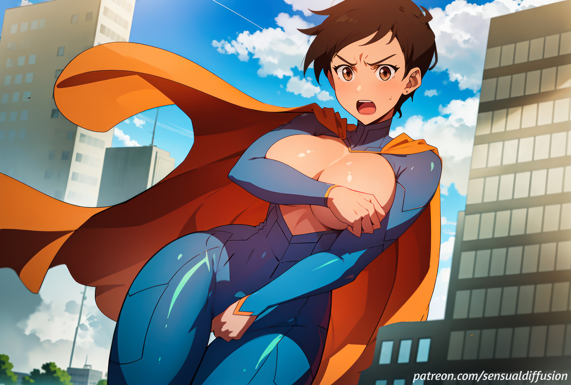 1girls, 2d, ai generated, angry, black hair, blush, bodysuit, breasts, breasts out, brown eyes, brown skin, building, cameltoe, cape, city, clouds, covering, covering breasts, covering crotch, cute, dark skin, dark-skinned female, dc, dc comics, fanart, female, fit, fit female, flying, from below, large breasts, latex, lois lane, lois lane (my adventures with superman), looking at viewer, my adventures with superman, naked, nipples, nude, open mouth, parted lips, pinup, pose, pussy, shiny, shiny skin, short hair, sky, solo, stable diffusion, suit, superheroine, superman (series), sweat, tight clothing, tomboy, topless, unbuttoned, wind