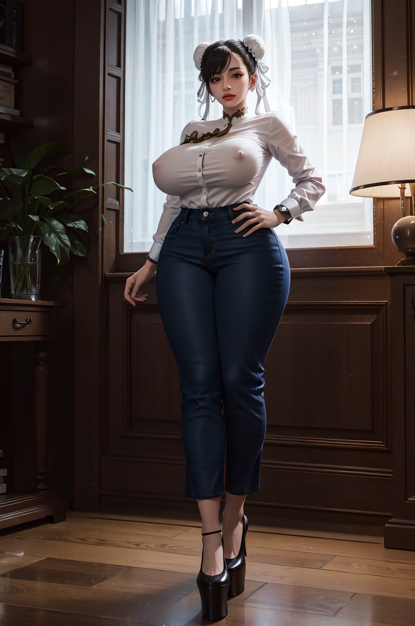 1girls, ai generated, breasts, chun-li, curvy, curvy body, curvy female, female, female focus, female only, high heels, huge breasts, looking at viewer, platform heels, seductive look, stable diffusion, street fighter, voluptuous, voluptuous female