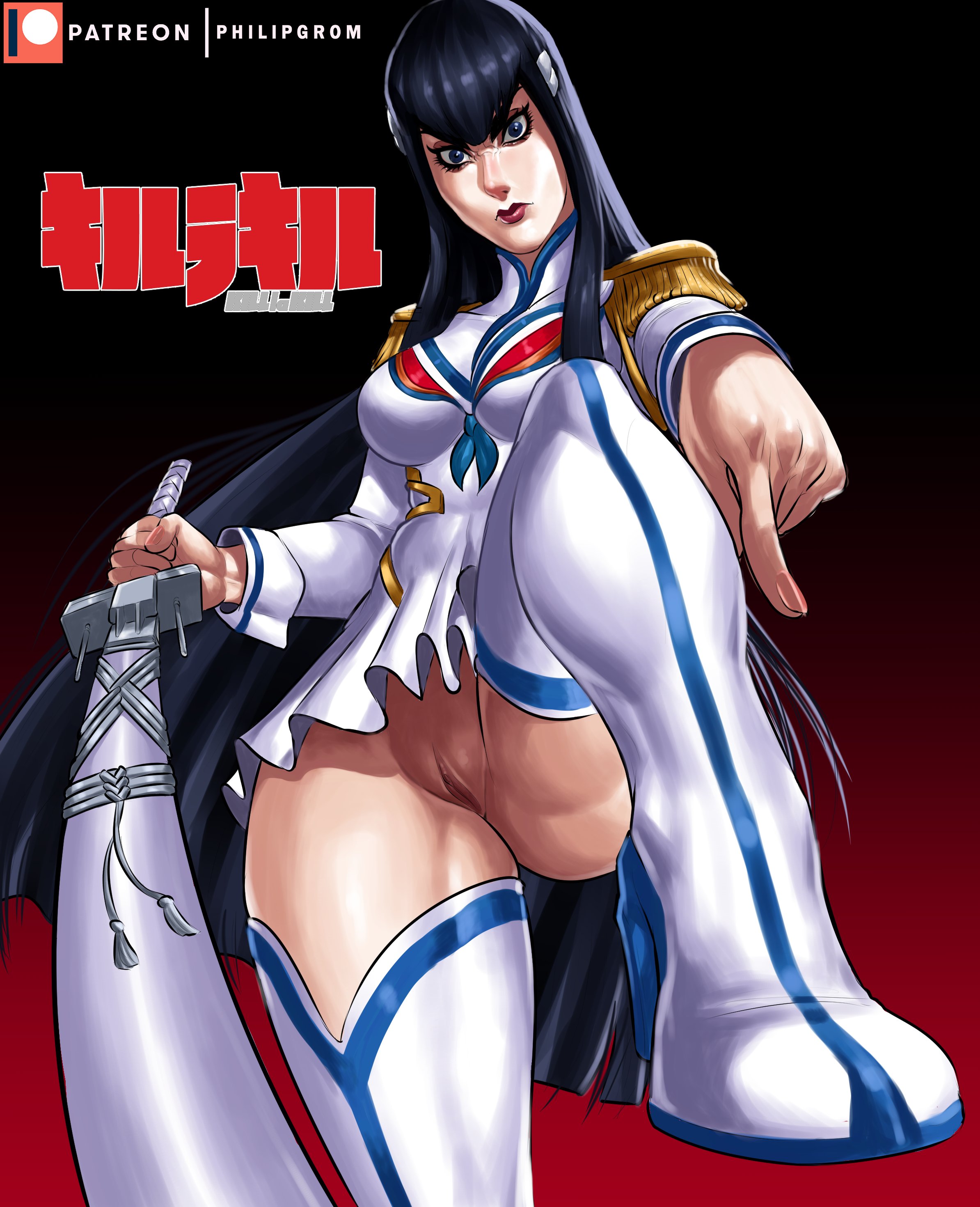 ass, athletic, athletic female, black hair, blue eyes, boot fetish, boots, bottomless, breasts, bubble ass, bubble butt, busty, dress, eyeliner, female, female focus, female only, going down on, hourglass figure, junketsu, katana, kill la kill, kiryuuin satsuki, lipstick, long hair, makeup, medium breasts, philipgrom, pinup, pinup pose, pussy, shaved pussy, short dress, tagme, thigh boots, upskirt, vagina, wide hips