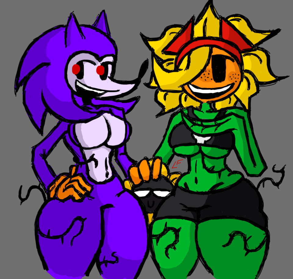 2girls1boy anthro artist_signature between_thighs breasts female gloves gloves_only little_flower_(artist) little_flower_(little_flower) looking_at_viewer needlemouse_(character) needlemouse_(series) original_character plantie plants_vs_zombies plants_vs_zombies:_heroes sarah_henderson_(needlemouse) smile solar_flare_(pvz) sonic_(series) sonic_the_hedgehog_(series) thick_thighs