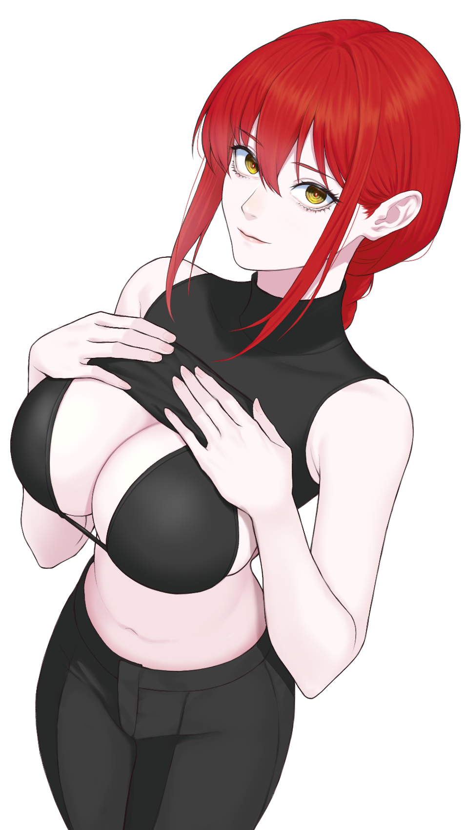 1girls, belly, belly button, big breasts, braid, braided hair, braided ponytail, breasts, busty, chainsaw man, cleavage, curves, curvy, curvy body, curvy female, curvy figure, ear, female, female only, hands on breasts, hips, huge breasts, large breasts, light skin, light-skinned female, looking at viewer, makima (chainsaw man), pale skin, pale-skinned female, red hair, revealing clothes, shirt up, shounen jump, spiral eyes, tagme, thighs, tummy, white background, yellow eyes, yukimune