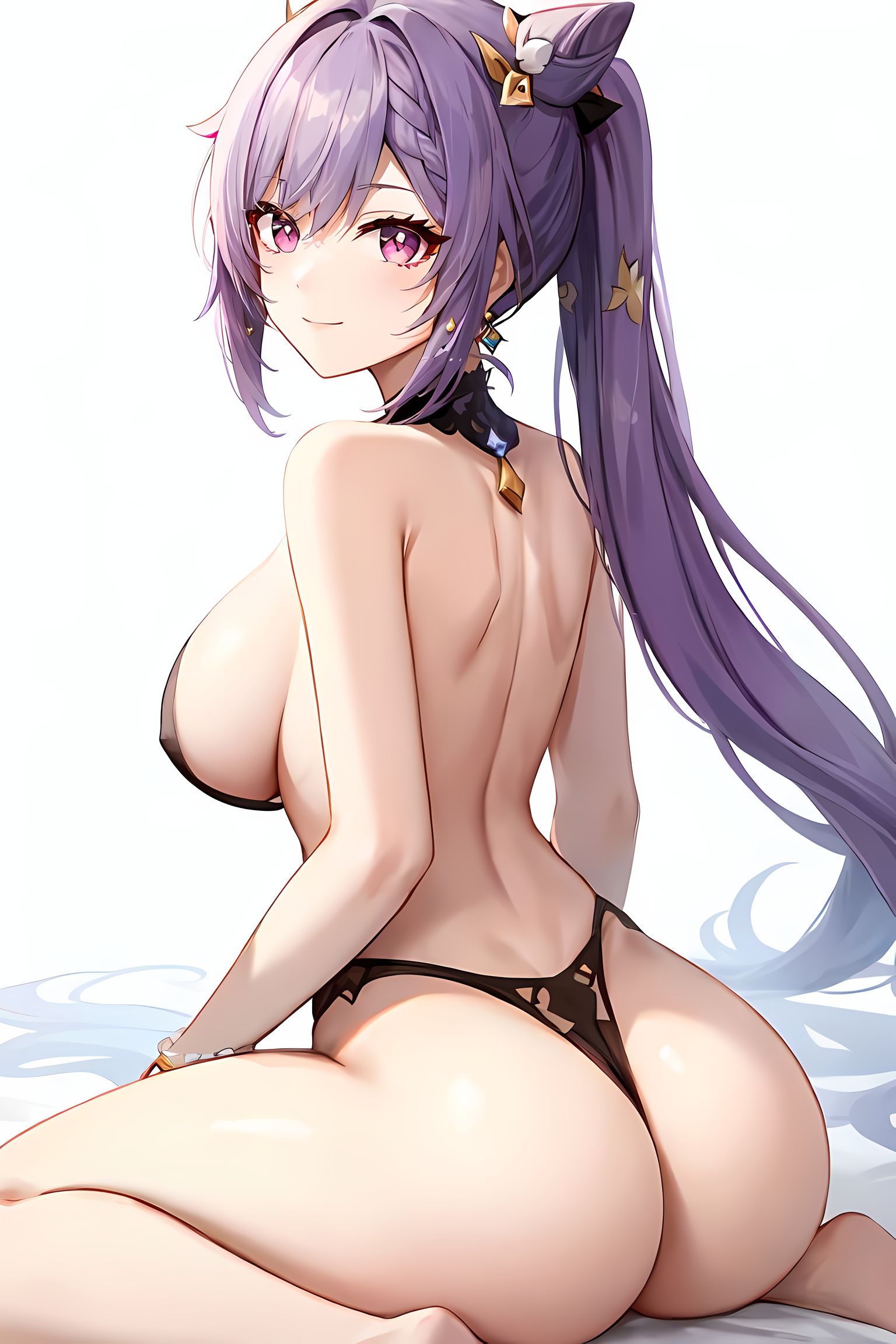 1girls, ai generated, alternate breast size, ass, breasts, female, genshin impact, keqing (genshin impact), large ass, large breasts, light skin, light-skinned female, long hair, purple eyes, purple hair, stable diffusion, thighs, twintails
