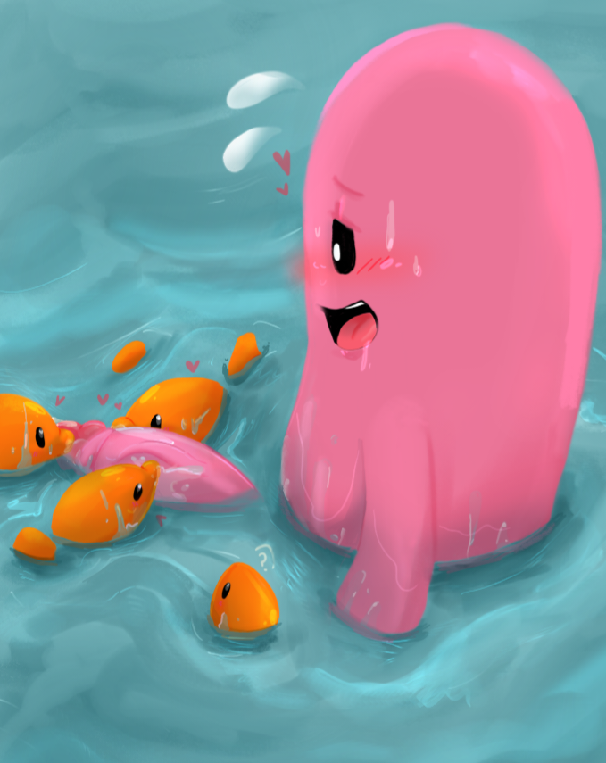 anthro bean_(dumb_ways_to_die) blowjob blush cum dumb_ways_to_die fish male penis pink_body sweat water