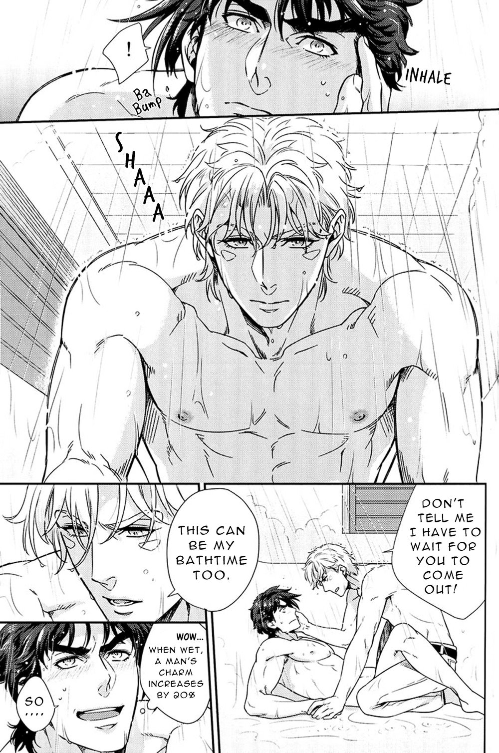 2boys bath bath_scramble_(comic) battle_tendency caesar_zeppeli dialogue english_text gay imminent_sex jojo's_bizarre_adventure joseph_joestar looking_at_partner male male_only orange_star pov_eye_contact shirtless_male text yaoi