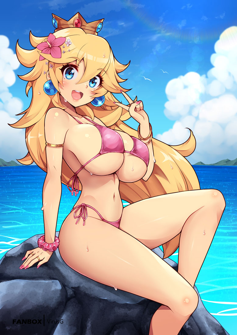 1girls, alternate breast size, big breasts, bikini, blonde hair, blue eyes, bracelet, breasts, cloud, crown, curvy figure, earrings, eyebrows visible through hair, feet out of frame, female, flower, flower in hair, hair between eyes, hair flower, hair ornament, large breasts, light skin, light-skinned female, long hair, looking at viewer, mario (series), nails, nintendo, ocean, open mouth, pink bikini, pink nails, princess peach, rock, sea, side-tie bikini bottom, sitting, sitting on rock, sky, smile, summer, swimsuit, thick thighs, thighs, tight clothing, v, virus-g, water, wet, wet clothes