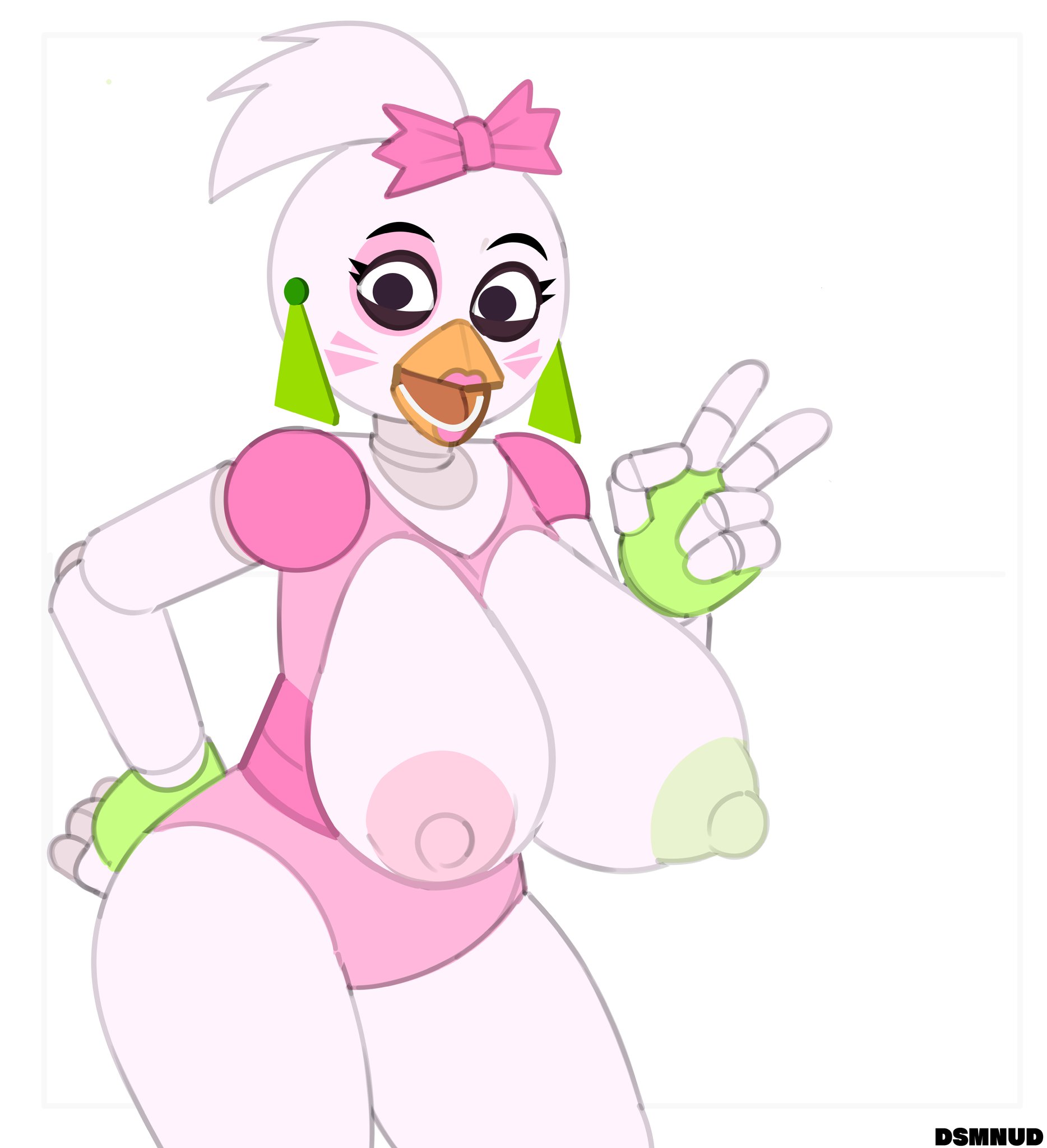 big breasts, breasts, breasts out, dsmnup, earrings, female, five nights at freddy's, five nights at freddy's: security breach, furry, glamrock chica (fnaf), green areola, peace sign, pink areola, robot, solo, tagme