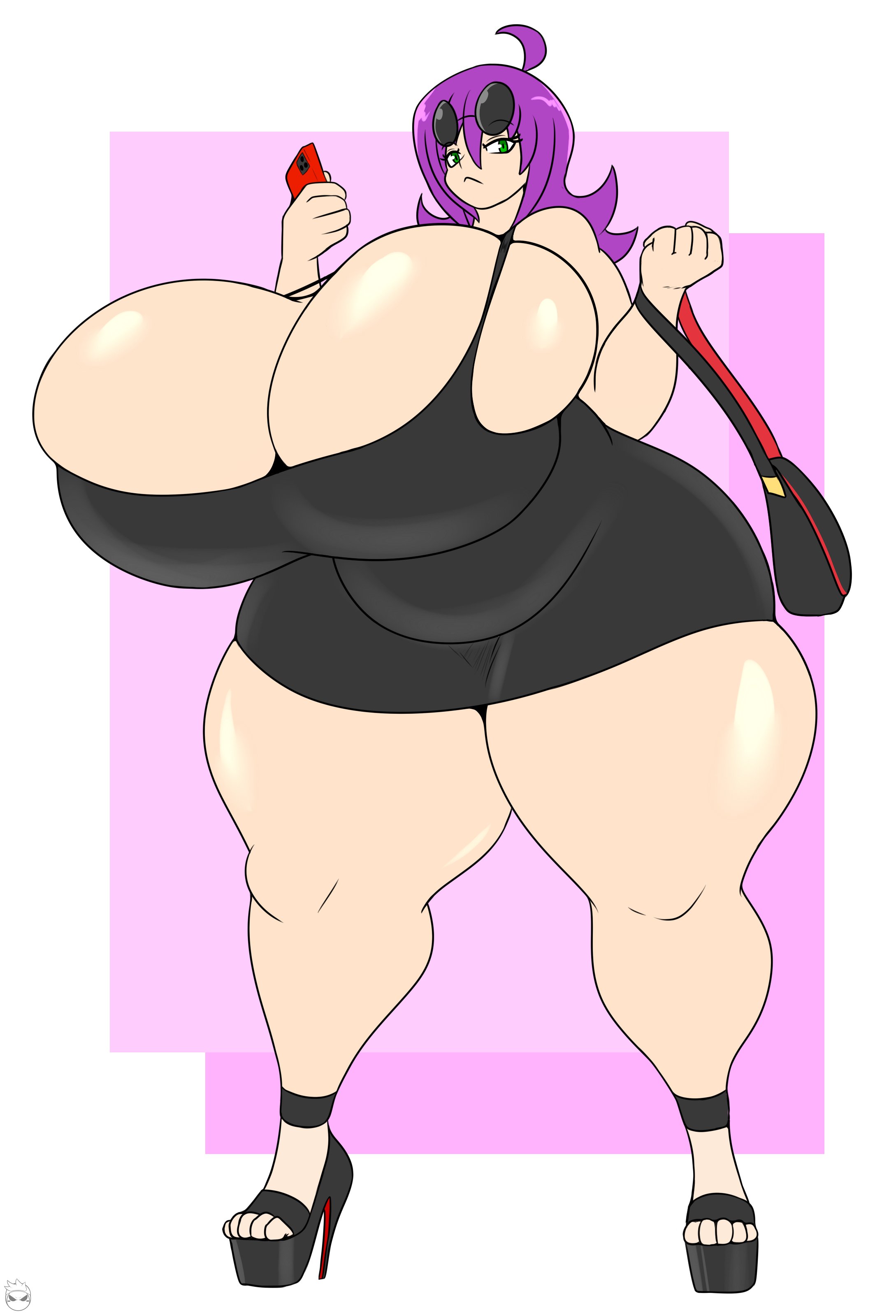 breasts, cleavage, fanart, female, female focus, female only, green eyes, huge breasts, huge thighs, igphhangout fanart, kirbot12, original, original character, purple hair, shelly (igphhangout), sunglasses, thick thighs, thighs, wide hips