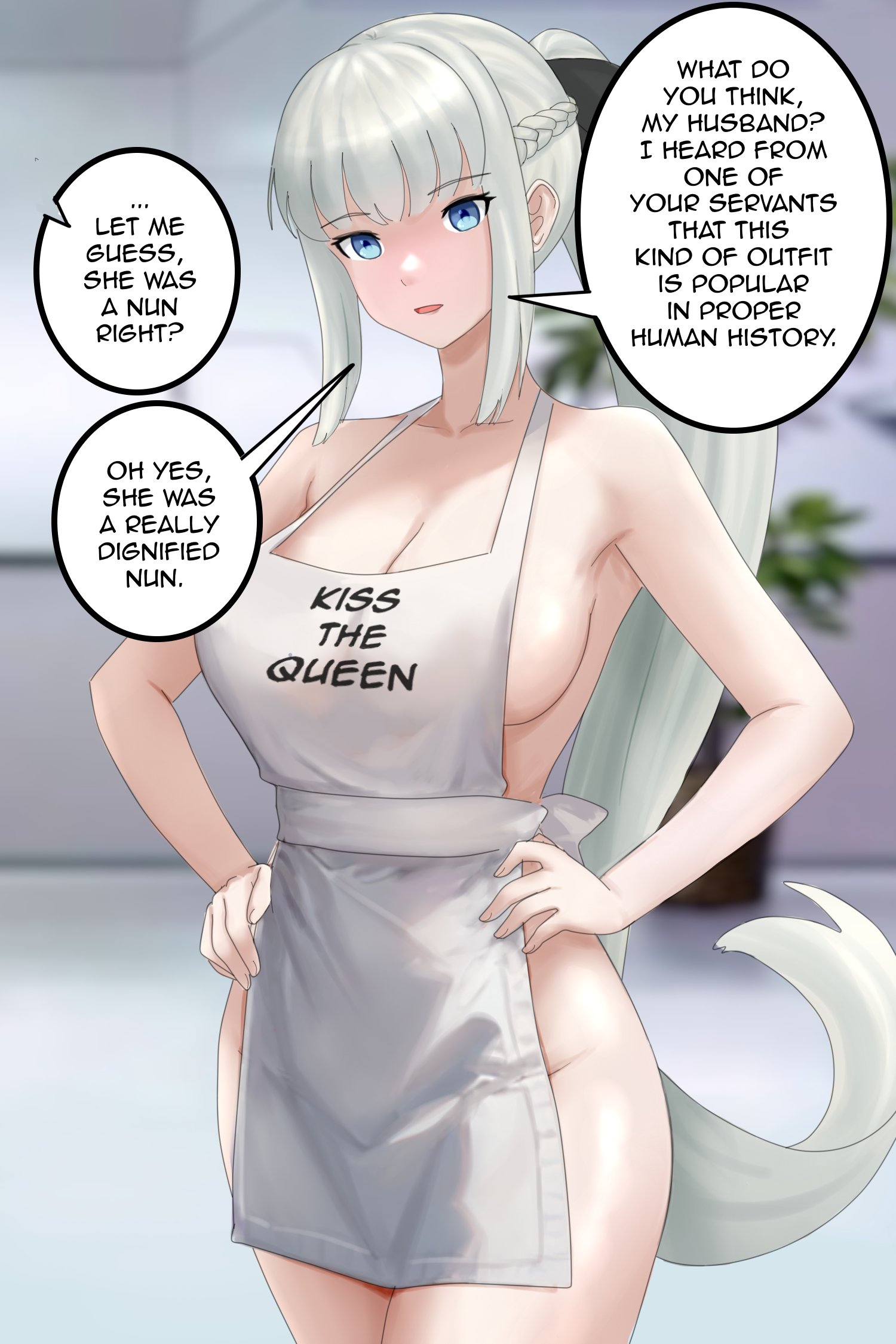 1girls, apron, apron only, bare shoulders, big breasts, black hair ribbon, blue eyes, breasts, cleavage, english, english text, fate (series), fate/grand order, female, female only, light skin, light-skinned female, long hair, long ponytail, morgan le fay (fate), naked apron, ponytail, raskasar, sideboob, speech bubble, text, text bubble, white hair