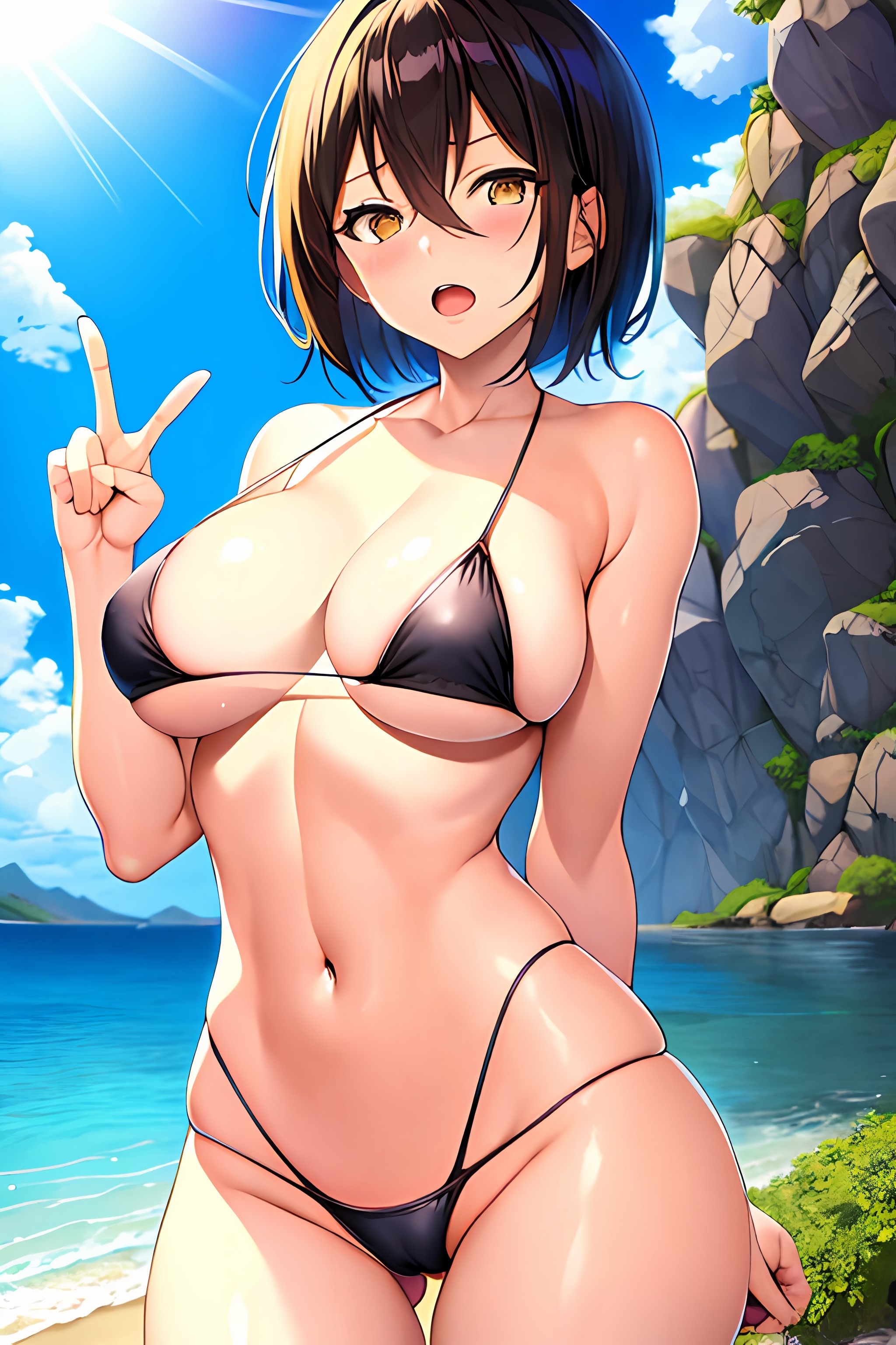 1girls, ai generated, arm behind back, ass visible through thighs, attack on titan, beach, big breasts, bikini, bikini bottom, bikini top, black bikini, black hair, blush, breasts, embarrassed, embarrassed female, female, female focus, female only, hanging breasts, looking at viewer, mikasa ackerman, navel, open mouth, peace sign, shingeki no kyojin, shiny, shiny clothes, shiny hair, shiny skin, short hair, skinny, skinny female, stable diffusion, sun, thick thighs, thigh gap, voluptuous, voluptuous female