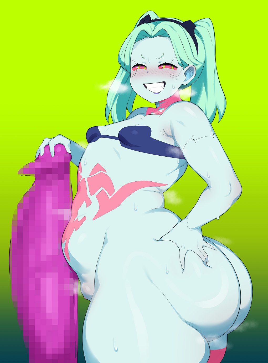 ass, big ass, big butt, big penis, bottom heavy, breasts, cham22, chubby, cyberpunk 2077, cyberpunk: edgerunners, female, female focus, female only, green hair, male, no artist signature1girls, pale skin, penis, pink sclera, rebecca (edgerunners), red eyes, sex toy, shortstack, slightly chubby, small breasts, small eyebrows, small nose, solo, solo female, solo focus, thick thighs