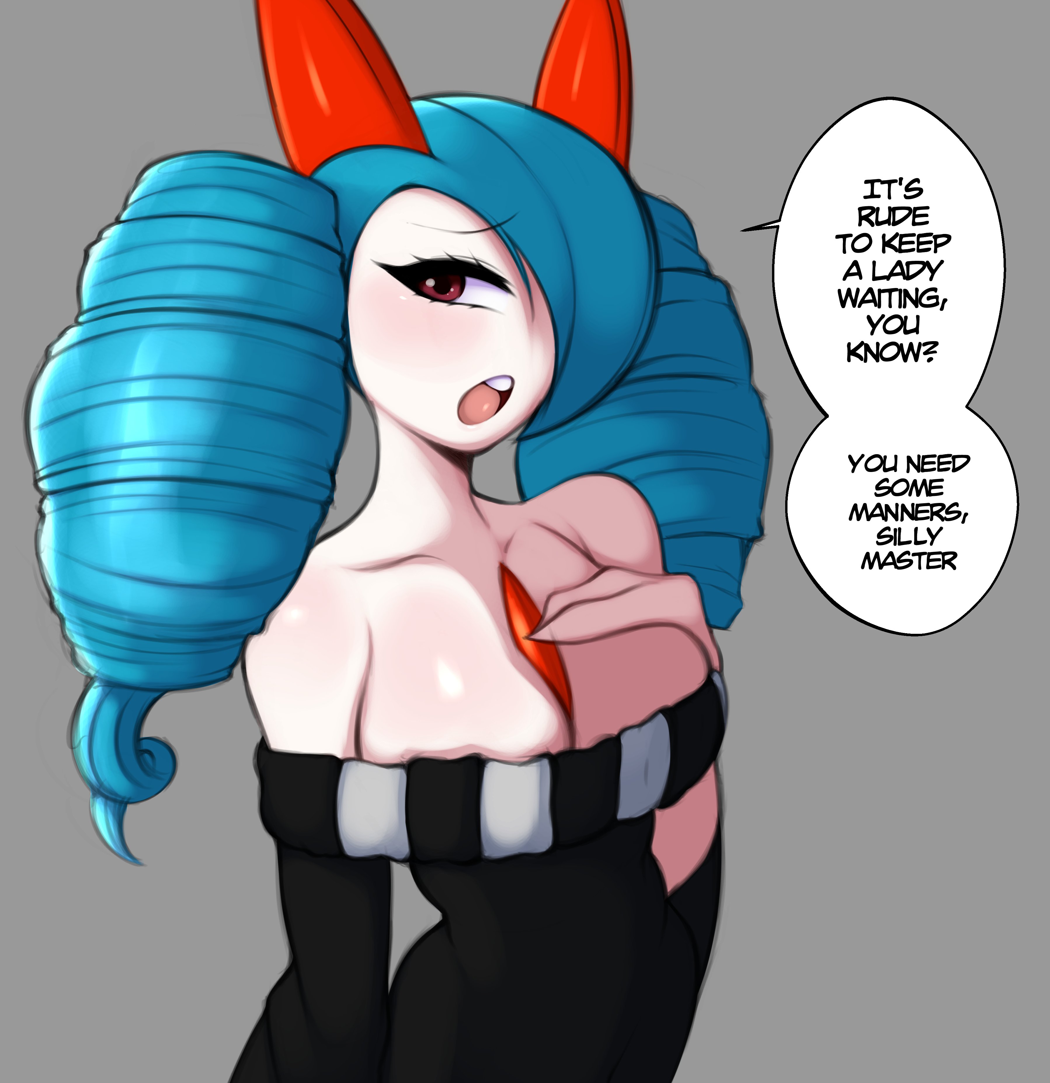 1girls, blue hair, blush, commission, curly hair, dialogue, drill hair, english text, female, female only, female pokemon, generation 3 pokemon, grey background, hair over one eye, kirlia, long hair, looking at viewer, nintendo, pokémon (species), pokemon, pokemon (species), pokemorph, red eyes, saltyxodium, solo, speech bubble, talking to viewer, twintails, very high resolution